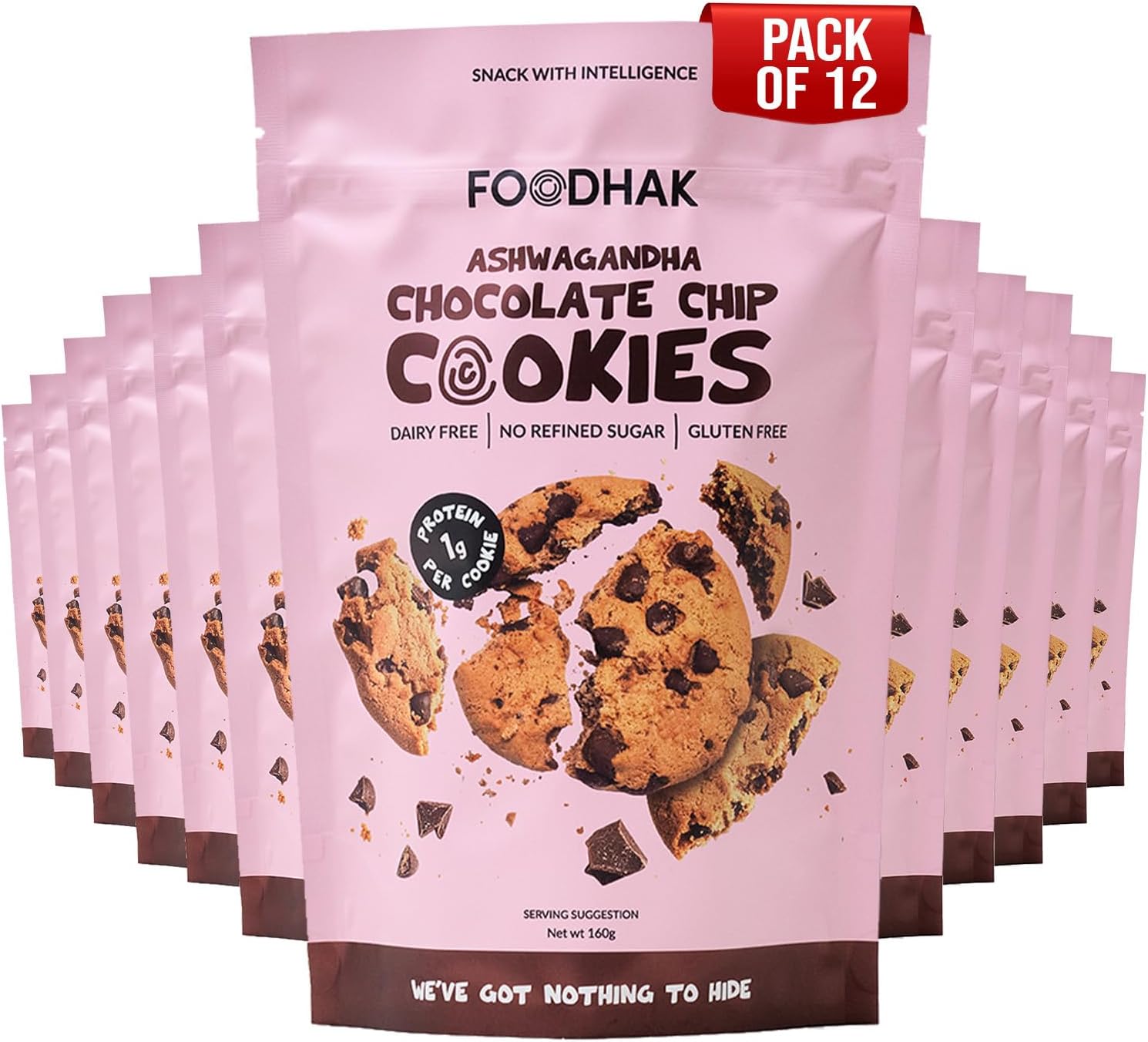 FOODHAK Ashwagandha Chocolate Chip Cookies Pack of 12 (12 x 160g) - Vegan with Millet Flour Chia Seeds Dark Chocolate Sweetened with Maple Syrup & Palm Sugar Perfect for Low GI Diets & Healthy Snacks.