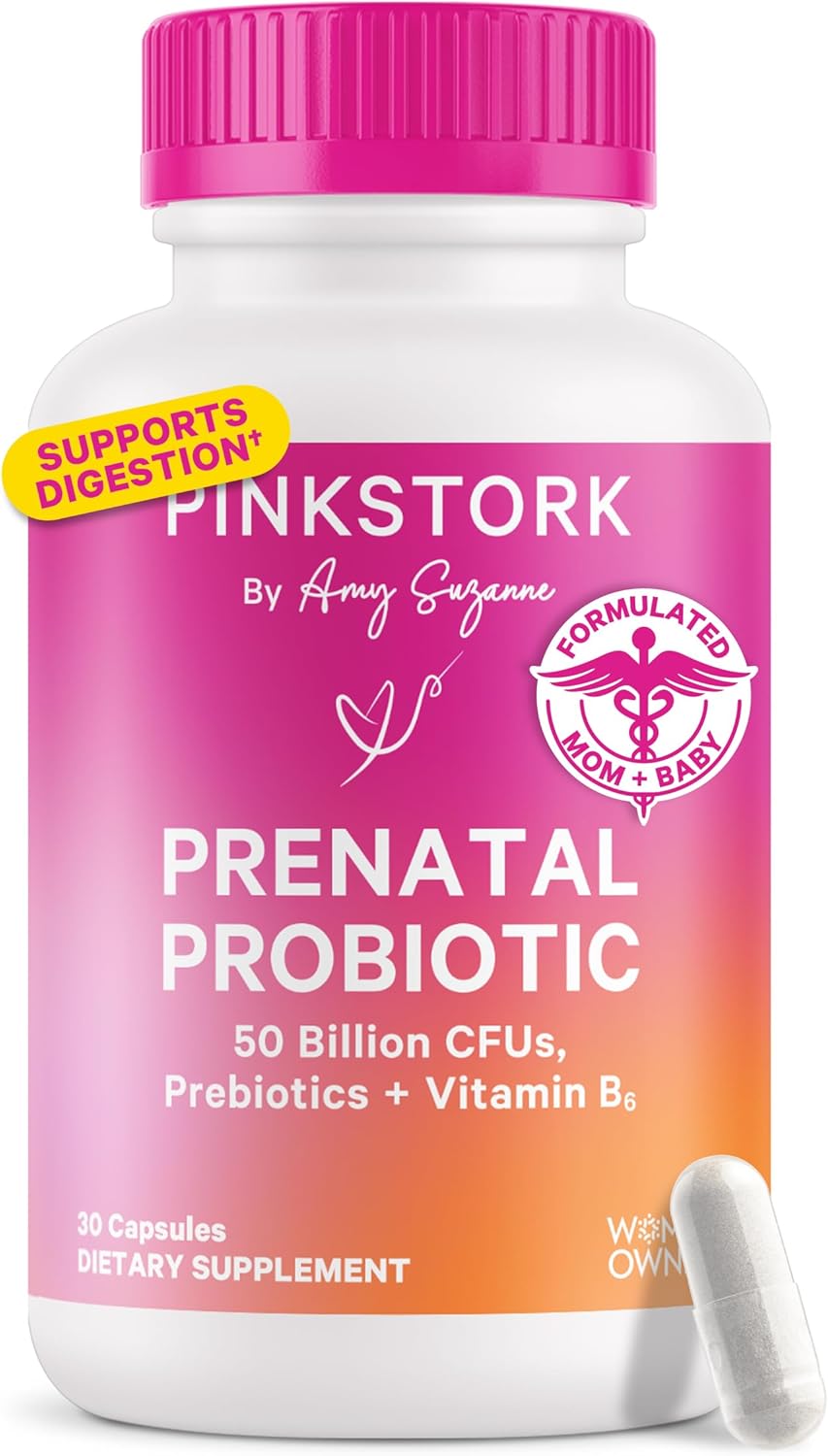 Pink Stork Prenatal Probiotics for Women - 50 Billion CFU, Vitamin B6, Prebiotics, Morning Sickness, Gut Microbiome, Pregnancy Probiotic, Immune Support, Pregnancy Must Haves - 30 Capsules