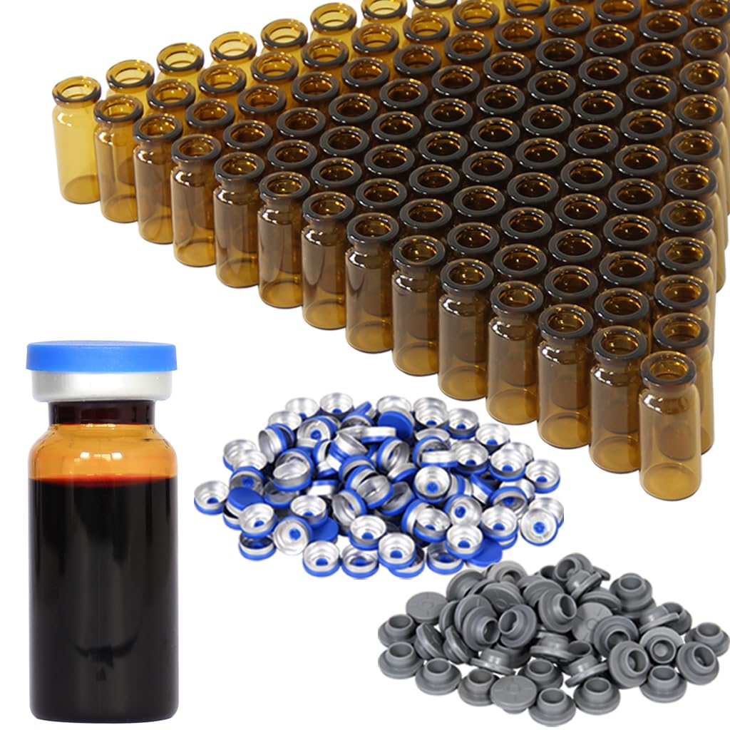 10ml Amber Glass Headspace Vials with Plastic-Aluminum Flip Off Caps and Rubber Stoppers, 100 Pack, 20mm Flat Bottom Lab Vial