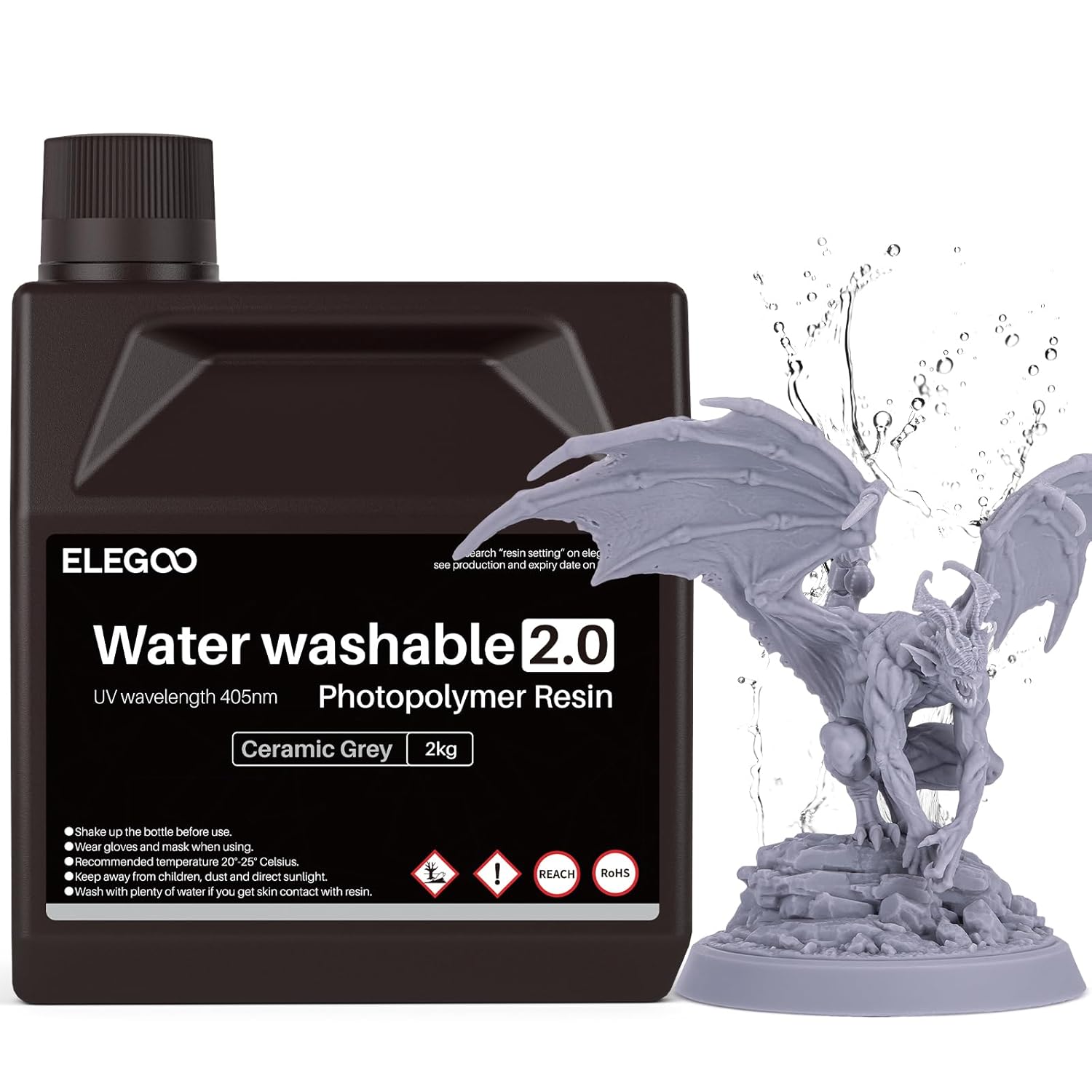 ELEGOO Upgraded Water Washable 3D Printer Resin 2.0, 405nm UV-Curing 3D Resin with Lower Shrinkage and Higher Precision for LCD 3D Printing Grey 2KG