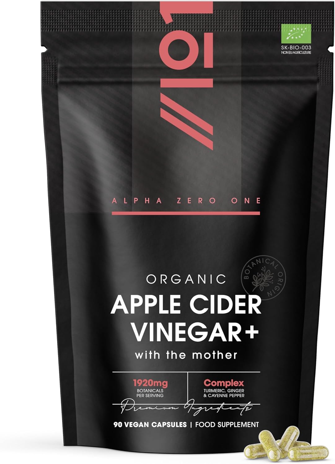 Organic Apple Cider Vinegar 1920mg - 90 Capsules - with Turmeric, Ginger & Cayenne Pepper - Raw Unfiltered with The Mother (60 Day Supply) by Alpha01