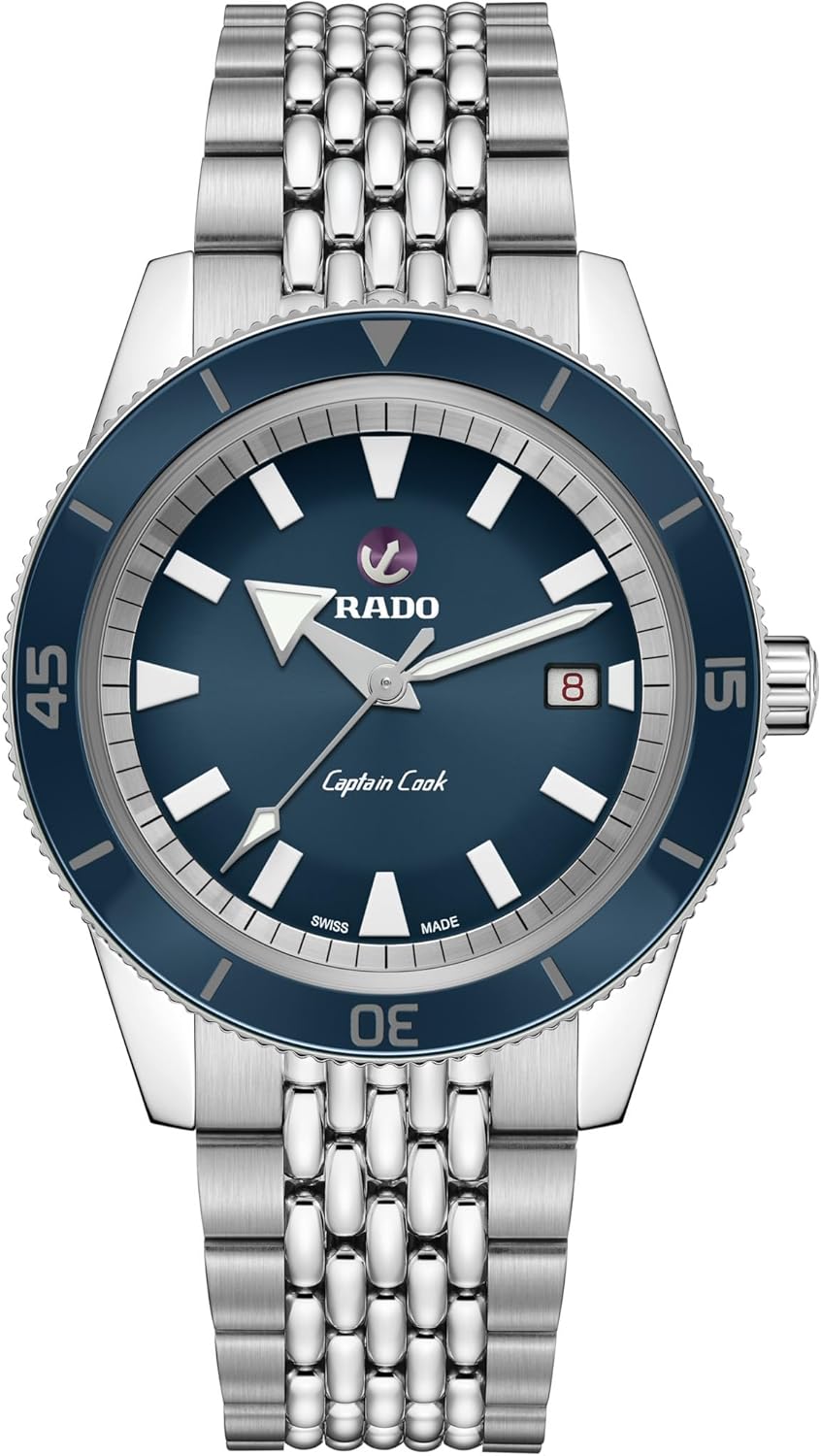 Rado Men's Captain Cook 42 mm Automatic Diving Watch with Stainless Steel Strap, Silver-Tone, 20 (Model: R32505203), Blue