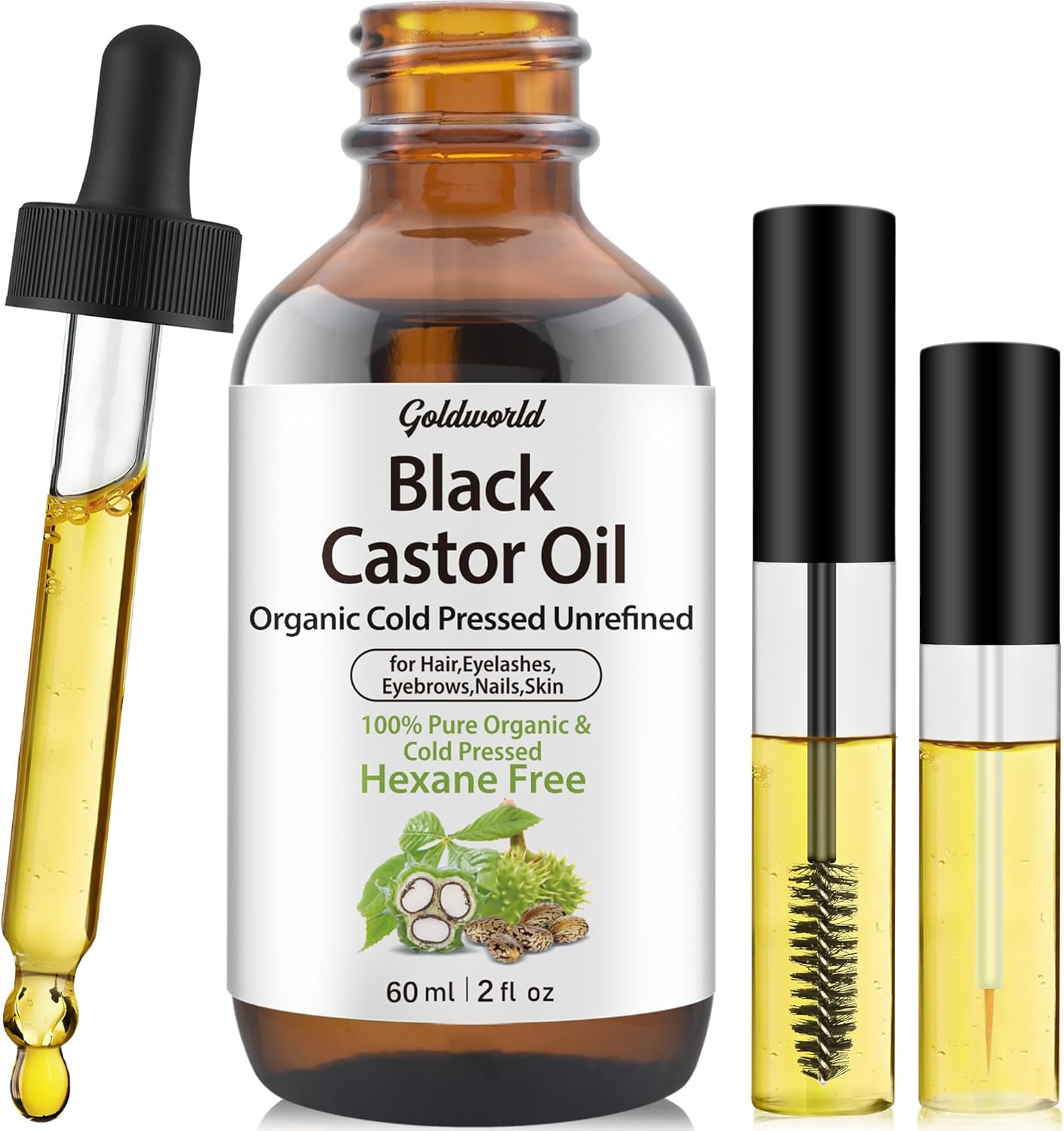 GoldWorld100% Organic Pure Black Castor Oil Cold Pressed,for Hair Eyebrows Eyelash Growth Serum to Grow Lashes,Castor Oil for Skin Body Face,Caster Oils Unrefined in Glass Bottle Hexane Free