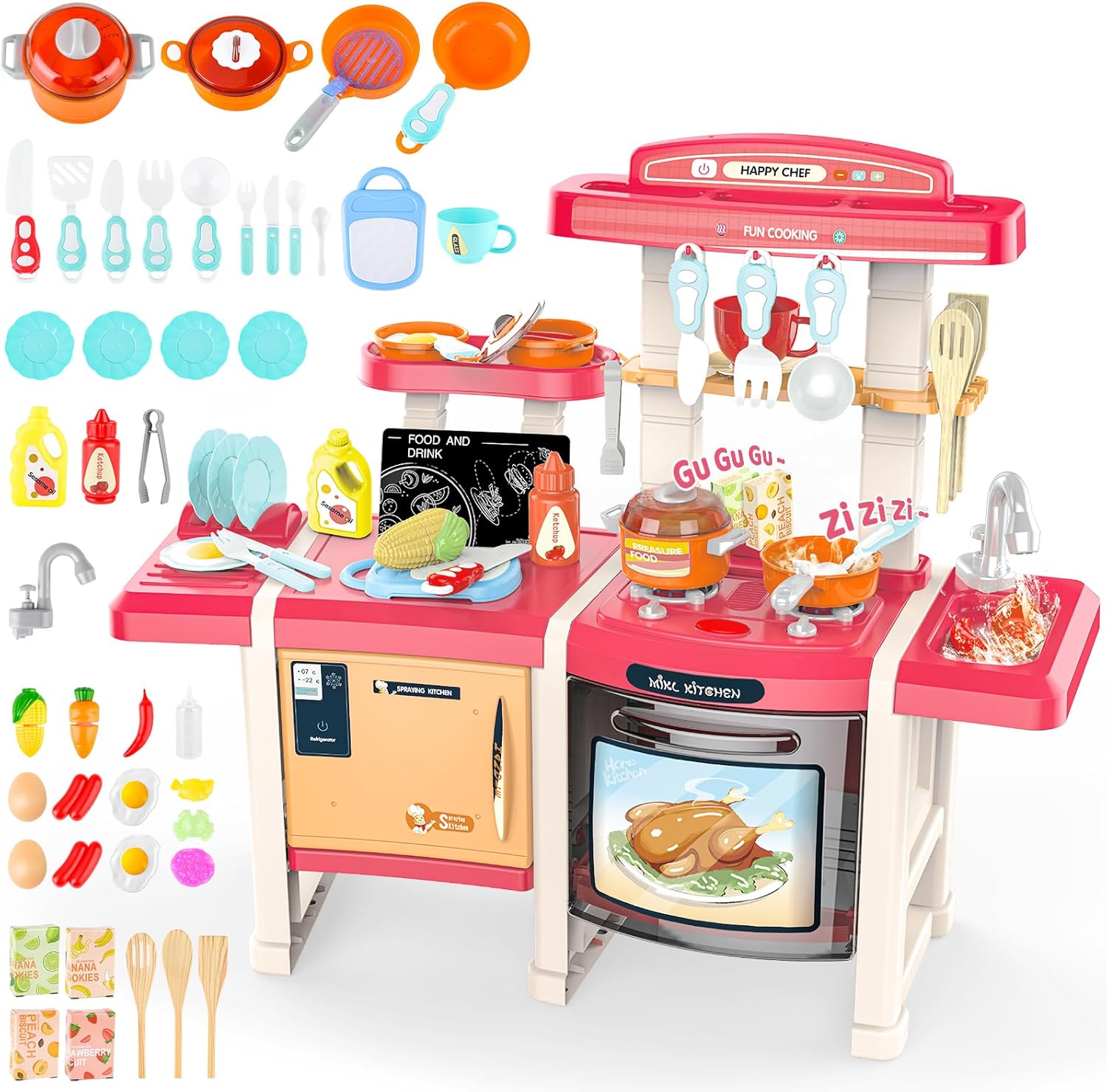 deAO Kids Kitchen Play Set, Kitchen Toys for Toddlers with Realistic Lights & Sounds, Play Kitchen Pretend Food Playset with Lots of Toy Kitchen Accessories for 3+ Years Old Kids