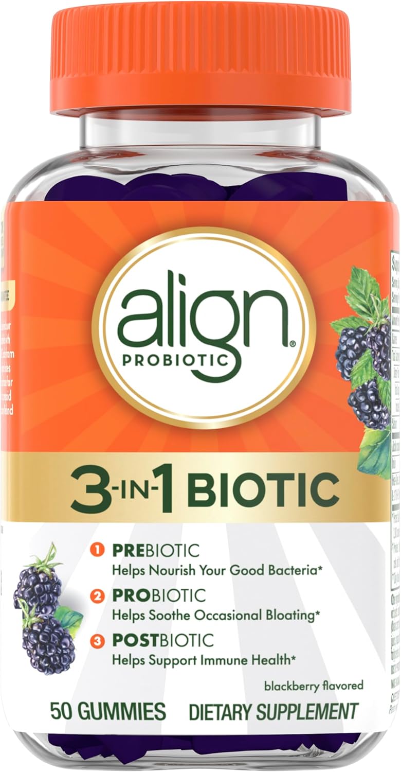 Align Probiotic, 3-in-1 Biotic Gummies, Prebiotic + Probiotic + Postbiotic, #1 Doctor Recommended Probiotic Brand‡, Helps Relieve Occasional Bloating*, BlackBerry Flavor, 50 Gummies