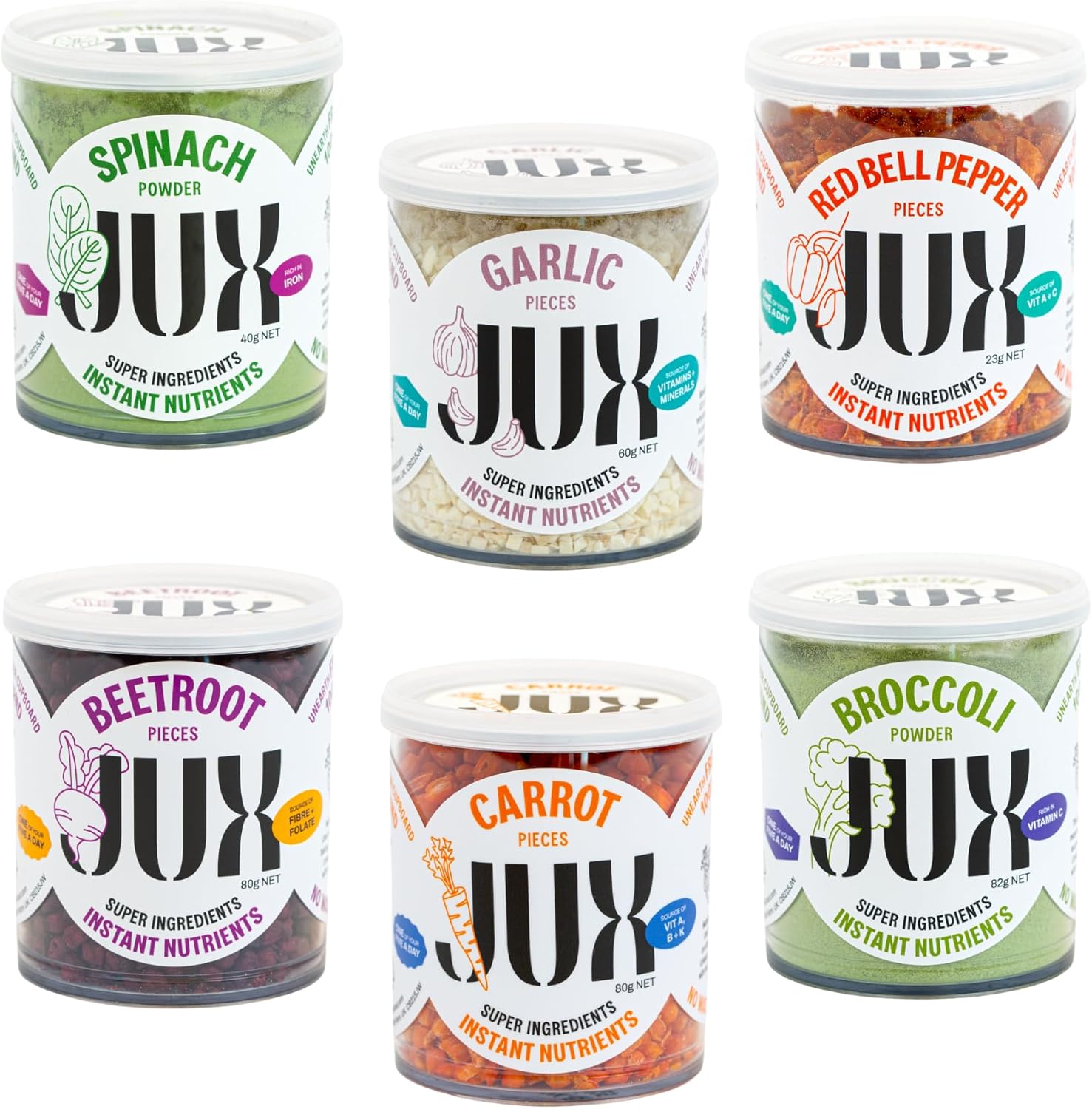 JUX Freeze-Dried Vegetable Bundle | 100% Natural & Nutrient-Rich | Includes Carrot, Broccoli, Red Bell Pepper, Garlic, Spinach and Beetroot | Vegan Friendly