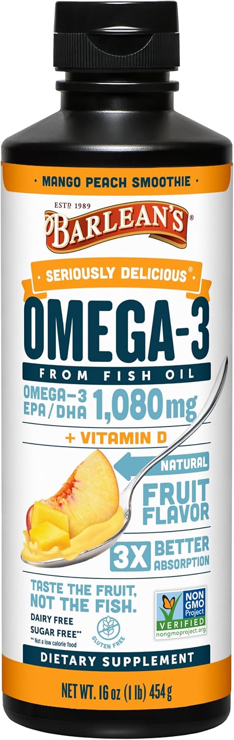 Barlean's Mango Peach Omega 3 Fish Oil Liquid Supplement with Vitamin D, 1080mg EPA & DHA Fatty Acid, Smoothie Flavored & Burpless for Brain, Joint, & Heart Health, 16 oz