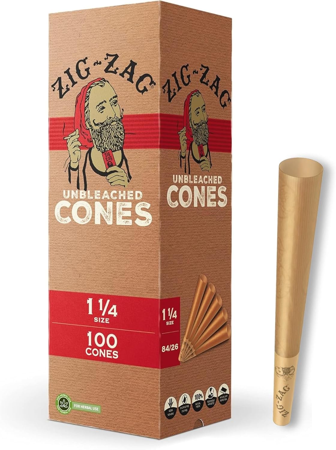 ZIG-ZAG Pre Rolled Cones 1 1/4 Size (100 Pack) Unbleached - Slow Burning Pre Rolled Cones with Tips & Packing Tubes Included - Bulk Pack