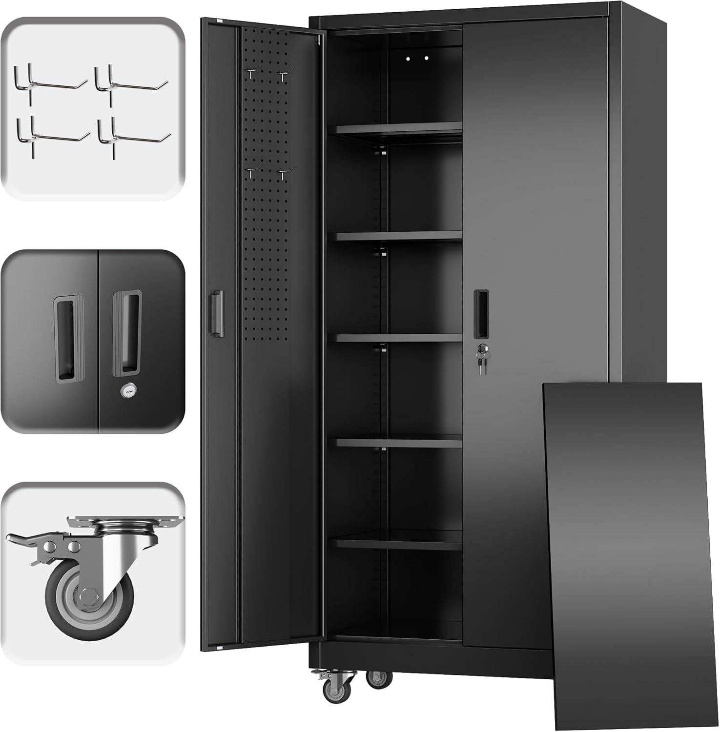 Garage Storage Cabinet with Pegboard and 5 Adjustable Shelves, 71.5'' x 32'' x 16''Metal Lockable Cabinet with Magnetic Doors,Tool Storage,Home Office Garage,Gym,School (Black)