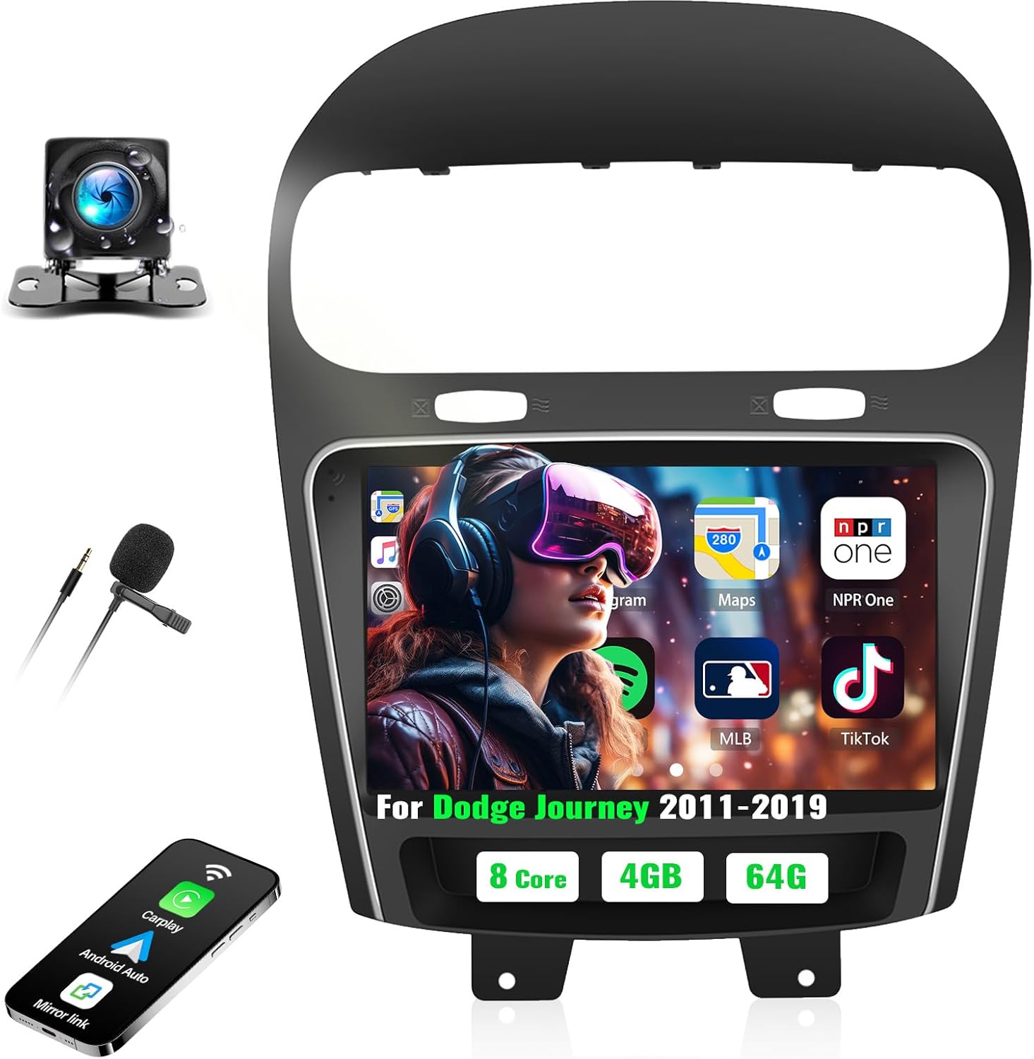 [8 Core 4G+64G] Car Radio for Dodge Journey 2011-2019 and for Fiat Freemont 2012-2014 with Wireless Carplay Android Auto,9'' Touchscreen Car Stereo with WiFi/GPS Bluetooth FM/RDS+AHD Backup Camera