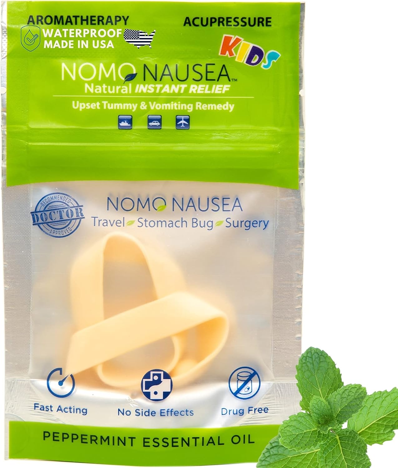 NOMO Motion Sickness Relief Bands for Kids | Sea Bands with Peppermint & Acupressure Bands All-in-One Relief | 30-Second Nausea Relief Band | Petite to Small | Nude | Pack of 2