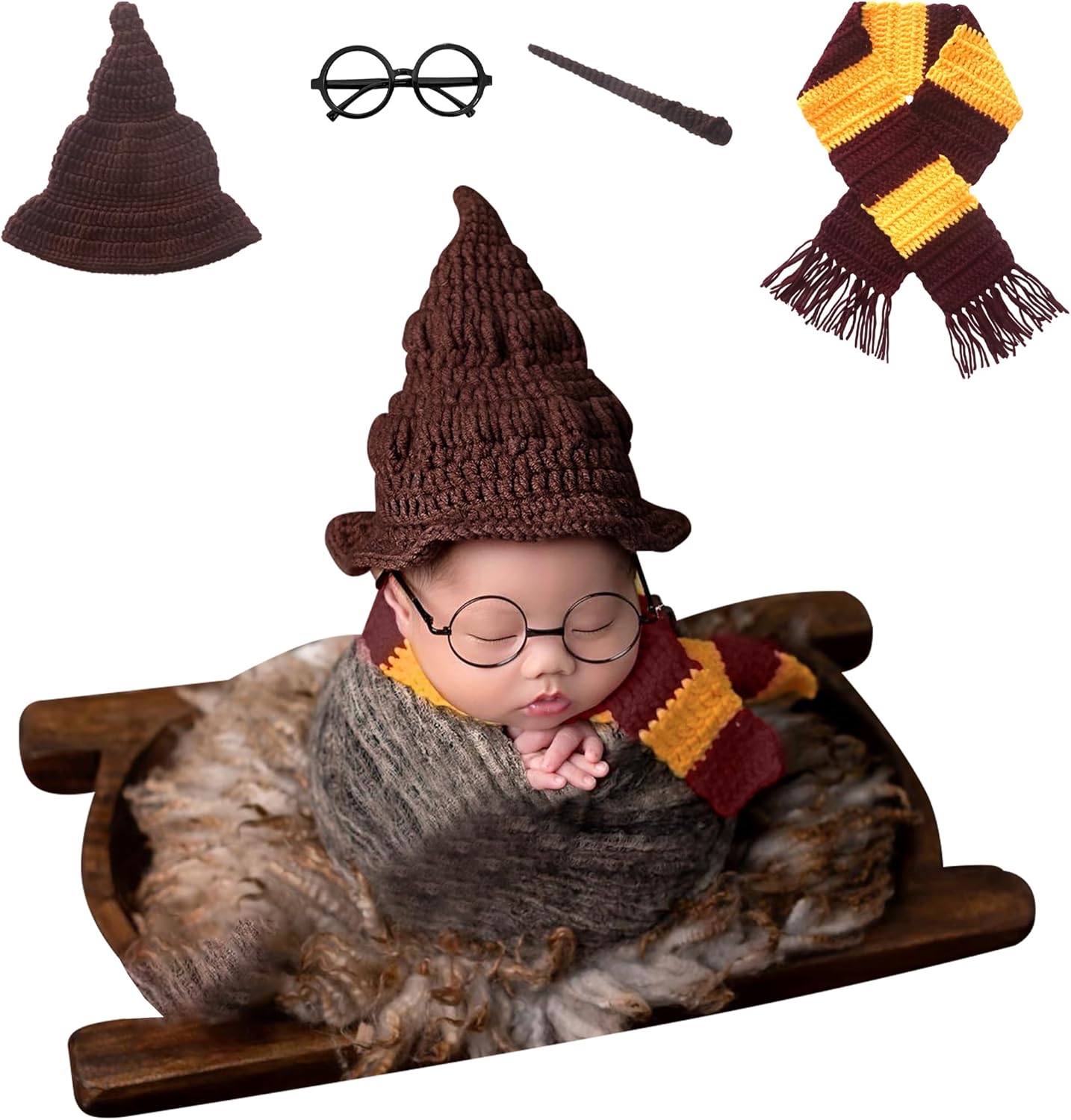 4PCS Newborn Photography Props - Magic Wizard Witch Hat Scarf Wand Glasses Frame Decoration, Newborn Photography Outfits,Halloween Cosplay Baby Photoshoot Props, Baby Halloween Photoshoot Props