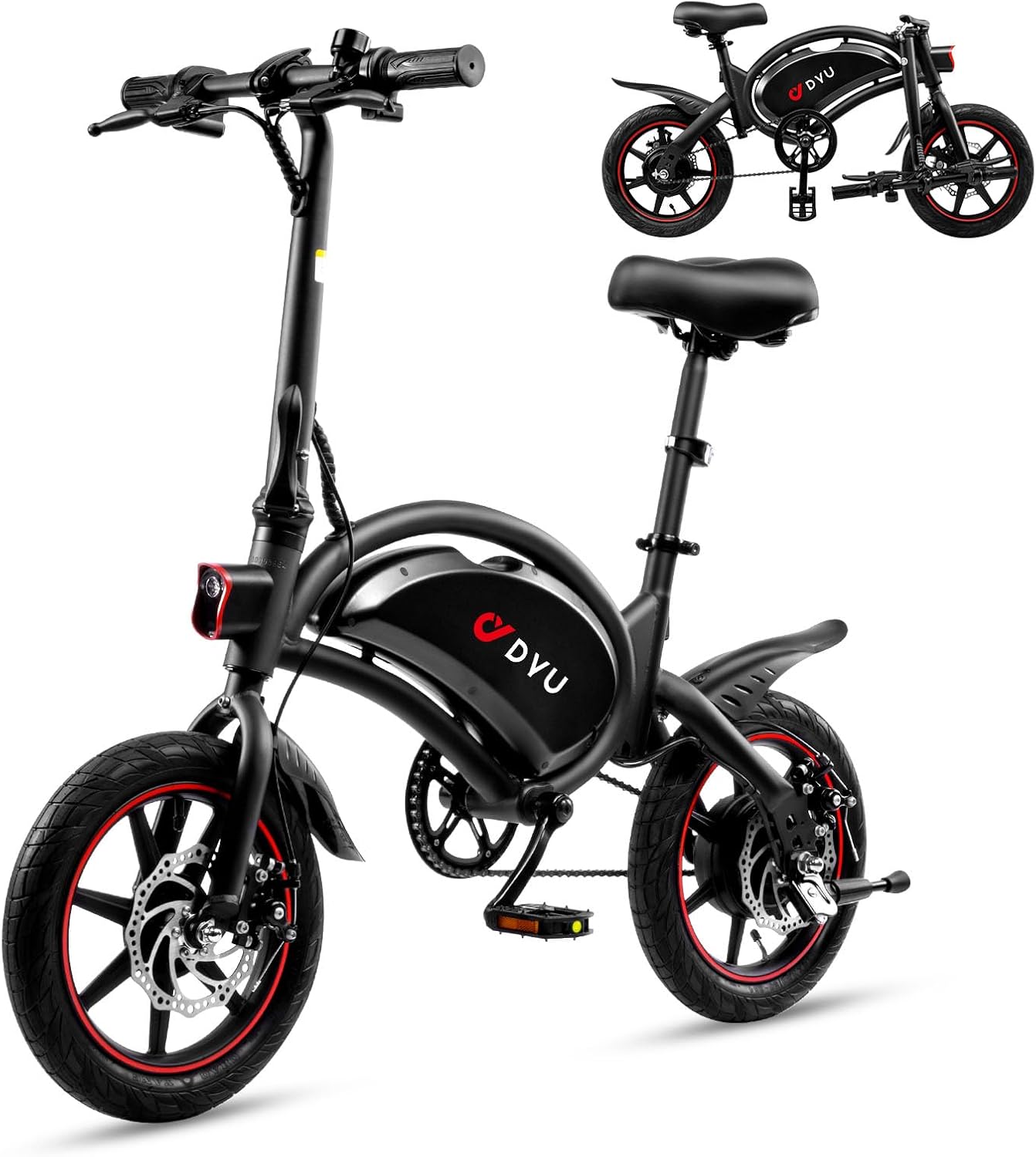 DYU D3F Electric Bike, 14" Portable E-bike, 36V 10AH Lithium Battery, 25KM/H & 60KM Range, 5H Fast Charge, 15° Climbing Ability,Dual Disc, Spring Shock Absorber, Unisex Adult