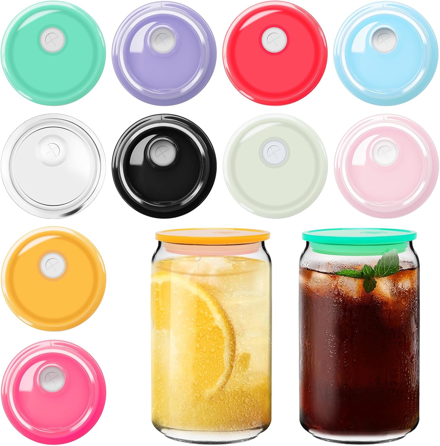 Wiwaplex 10 Pcs Acrylic Lids for 16 oz Glass Cups With Straws Hole - Colored Glass Can Tumbler Replacement Lid, Spill Proof Reusable for Beer Can Drinking Glasses Tumbler Cup