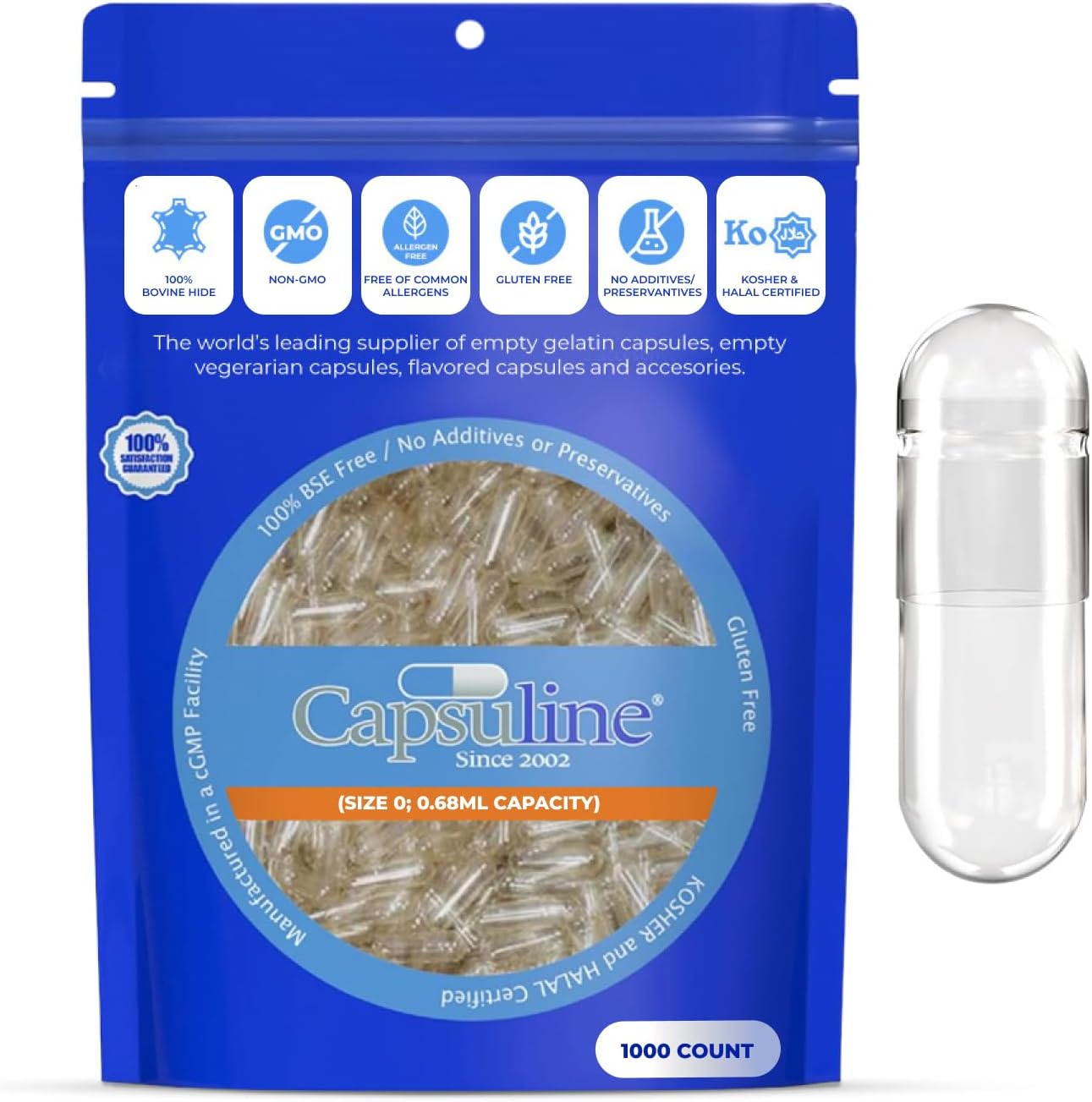 Capsuline Clear Size 0 Gelatin Empty Capsules (1000 Count), Kosher Certified, Gluten-Free, Pure Bovine with Unique Lock Technology