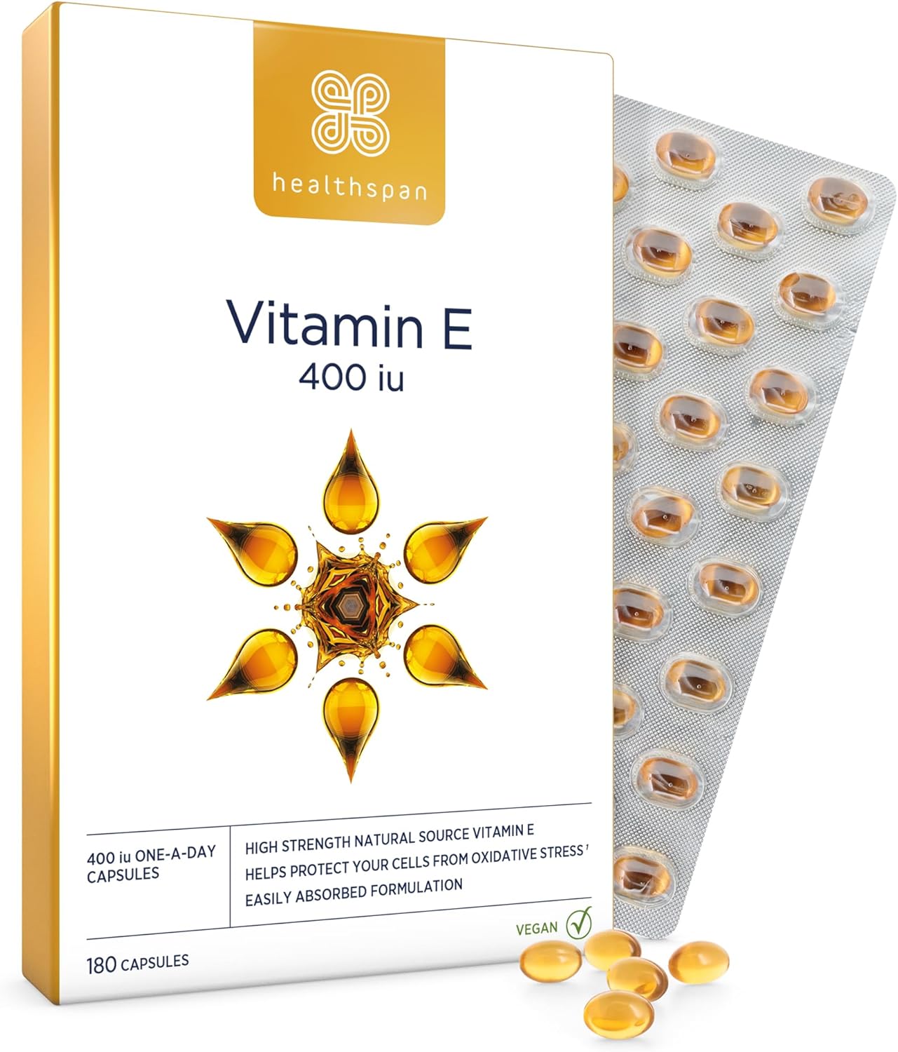 Healthspan Vitamin E 400iu | High Strength Formula to Combat Cell Damage | Sourced from Natural Vegetable Oils for Easy Absorption | Powerful antioxidant Support | Vegan (180 Capsules)