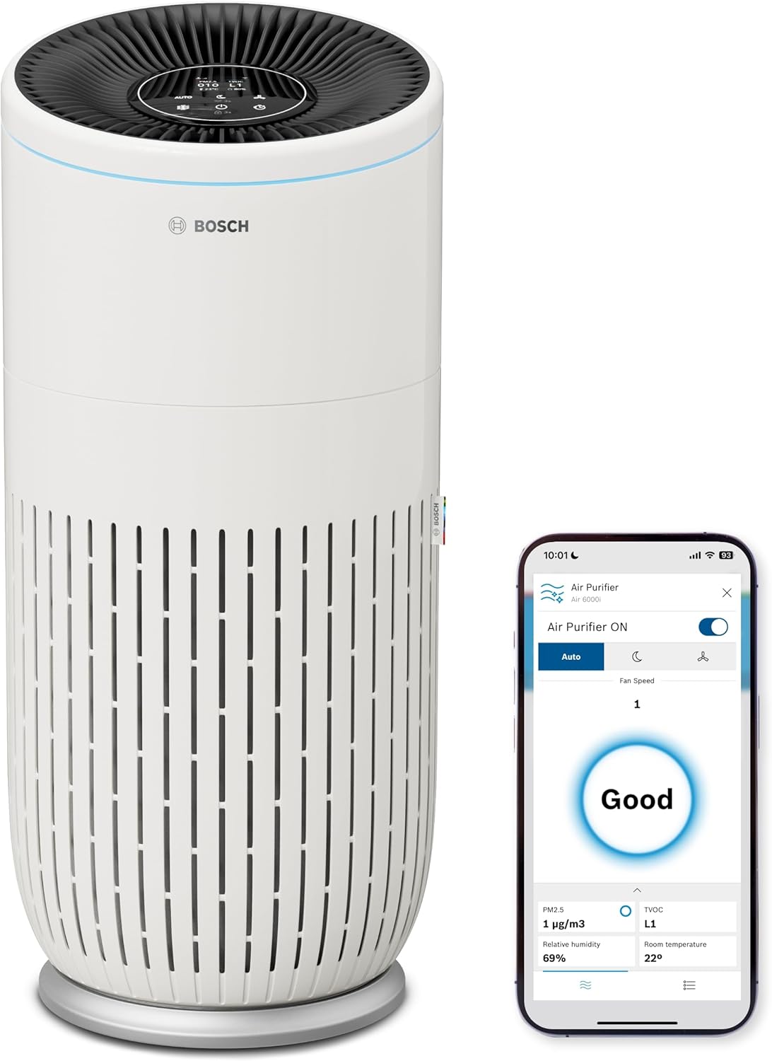 Bosch Air 6000i App-Controlled Air Purifier - For Rooms up to 125 m² - Removes Pollutants - With 4-in-1 Air Filter, Smart Sensor, Automatic Modes, Sleep Mode (< 25 dB(A)) - CADR: 600 m³/h