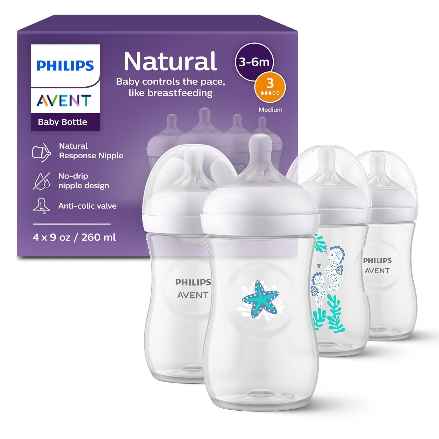 Philips Avent Natural Baby Bottles with Natural Response Nipples (Medium Flow, Flow 3), with Seahorse and Starfish Design, 9oz, 4-Pack, SCY903/68