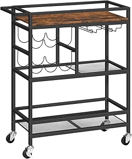 Bar Cart for Home, 3-Tier Serving Cart with Wheels and Handle, Beverage Cart with Wine Rack and Glass Holders, Rolling Wine Cart for Kitchen, Dining Room, Rustic Brown RCHR6101