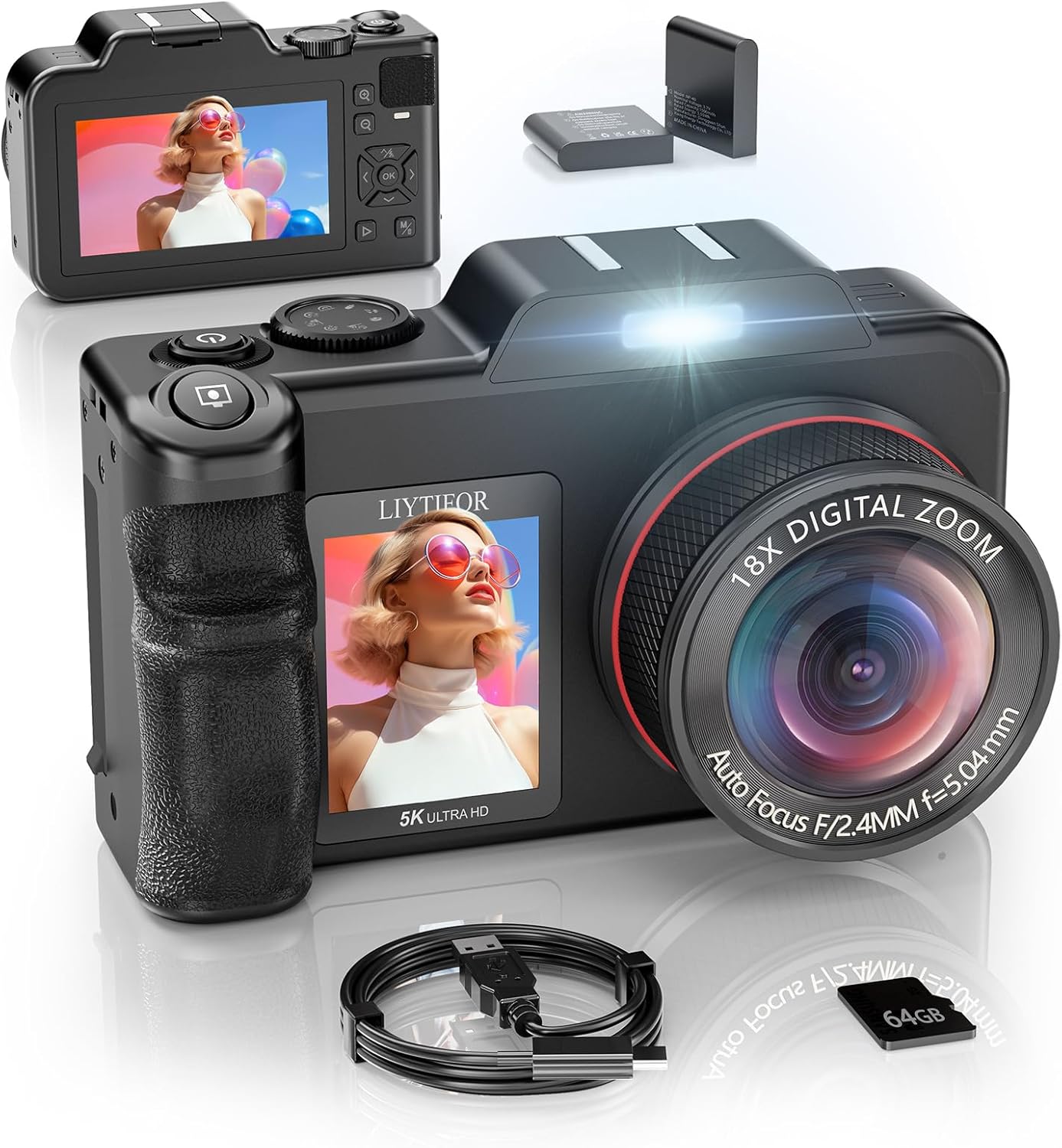 5K Digital Camera for Photography, 80MP 3.5"+2" Dual Screen for Self-Framing 18X Zoom Autofocus Vlogging Camera for YouTube/Content Creators/Travel, Includes 64GB Card + 2 Batteries & Flash, LIYTIFOR