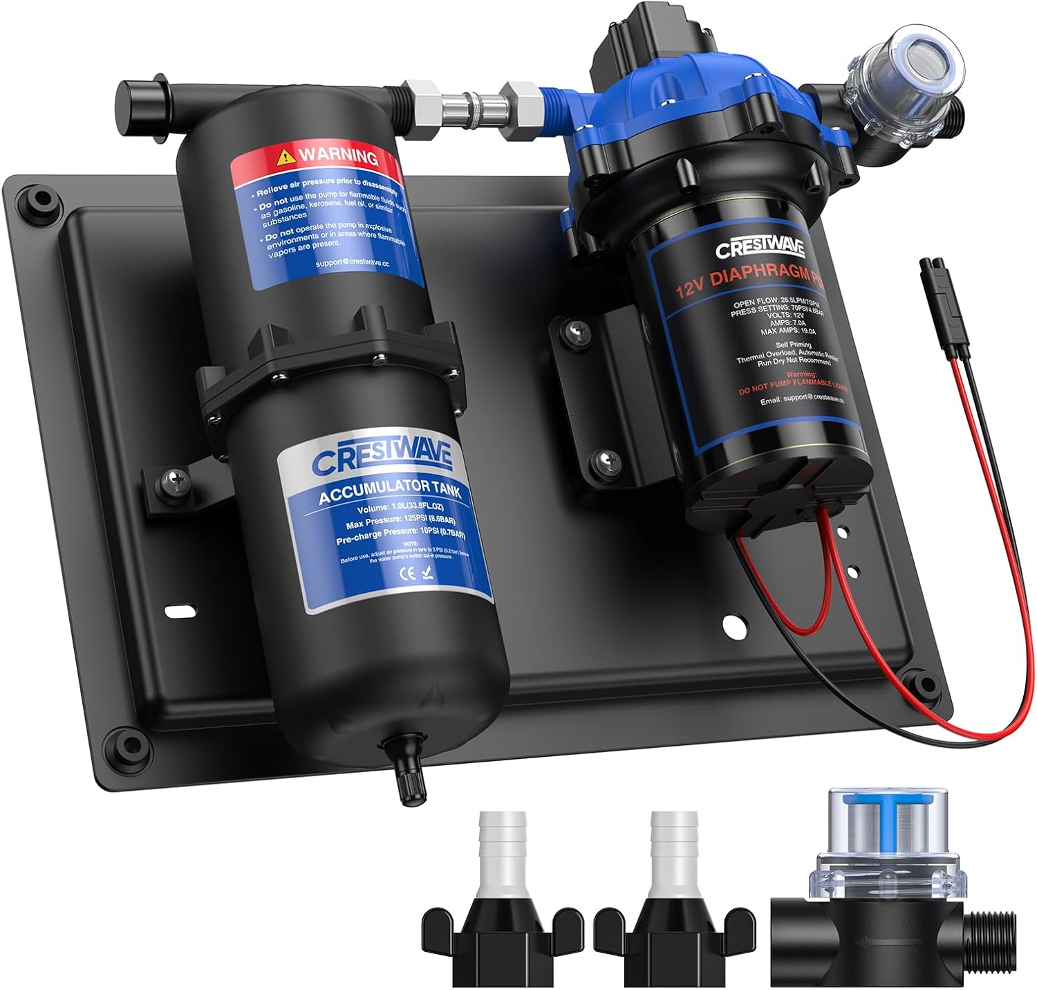 CrestWave RV Water Pump & Accumulator Tank Set, 12V DC 7GPM 70PSI | 1L Accumulator Tank, 45dB Quiet Operation, On Demand, Built-in Switch Auto Off, For RV Camping, Boat, Kitchen, Bathroom