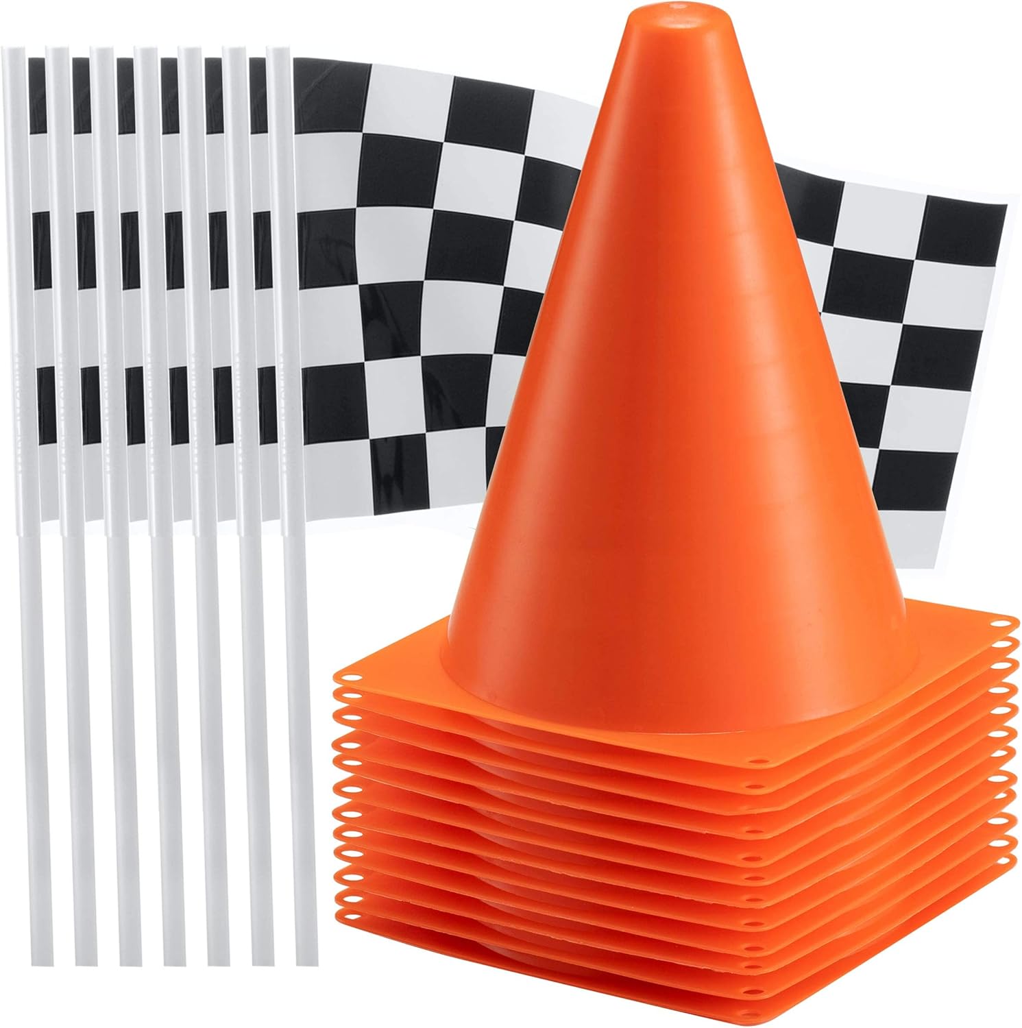 Bedwina Traffic Cones and Racing Checkered Flags - (24 Pcs) 12 - Black & White Flags on Sticks & 12-8-Inch Mini Orange Sports Cones for Kids - Race Car Theme Birthday Centerpiece Party Decor