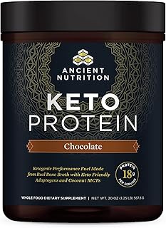 Ancient Nutrition Keto Protein Powder, KetoPROTEIN with Fats from Bone Broth and MCT Oil, Chocolate, 18g Protein 10g Fat Per Serving, Gluten Free, Low Carb, Paleo Friendly, 17 Servings