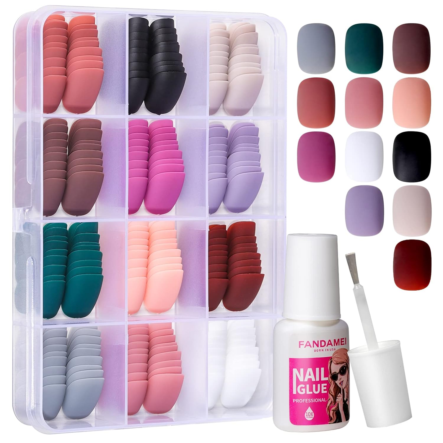 FANDAMEI Matte Press on Nails Short, 12 Packs 288PCS Acrylic Fake Nails Full Cover Small, Matte Short Glue on Nails with 10g Nail Tips Glue, 12 Solid Color False Nails for Small Hands