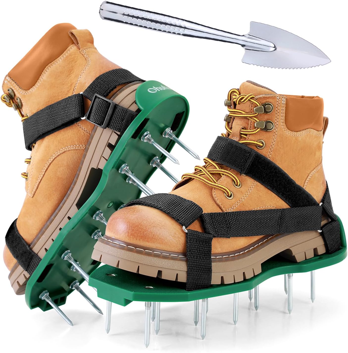 Ohuhu Lawn Aerator Shoes with Stainless Steel Shovel, Free-Installation Aerating Shoes with Hook & Loop Straps, Heavy Duty Spiked Aerating Sandals, Universal Size for Yard Patio Garden Grass Lawn