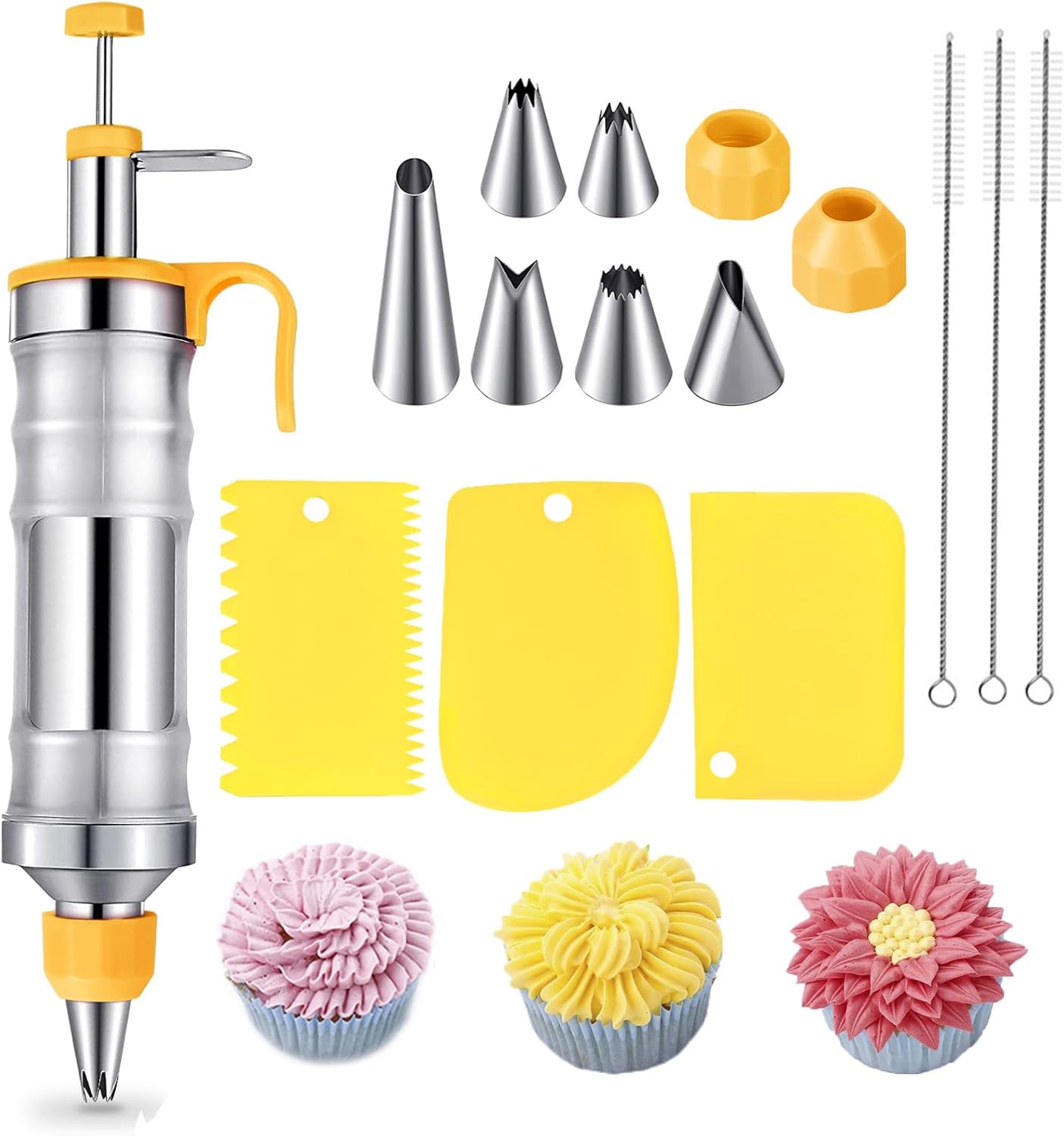 Cake Syringe Stainless Steel,400ml Cake Syringe Reusable,Professional Cream Syringe,Dessert Decorating Syringe with 6 spouts,Cake Accessories for Cupcakes,Cake Decorating-Yellow