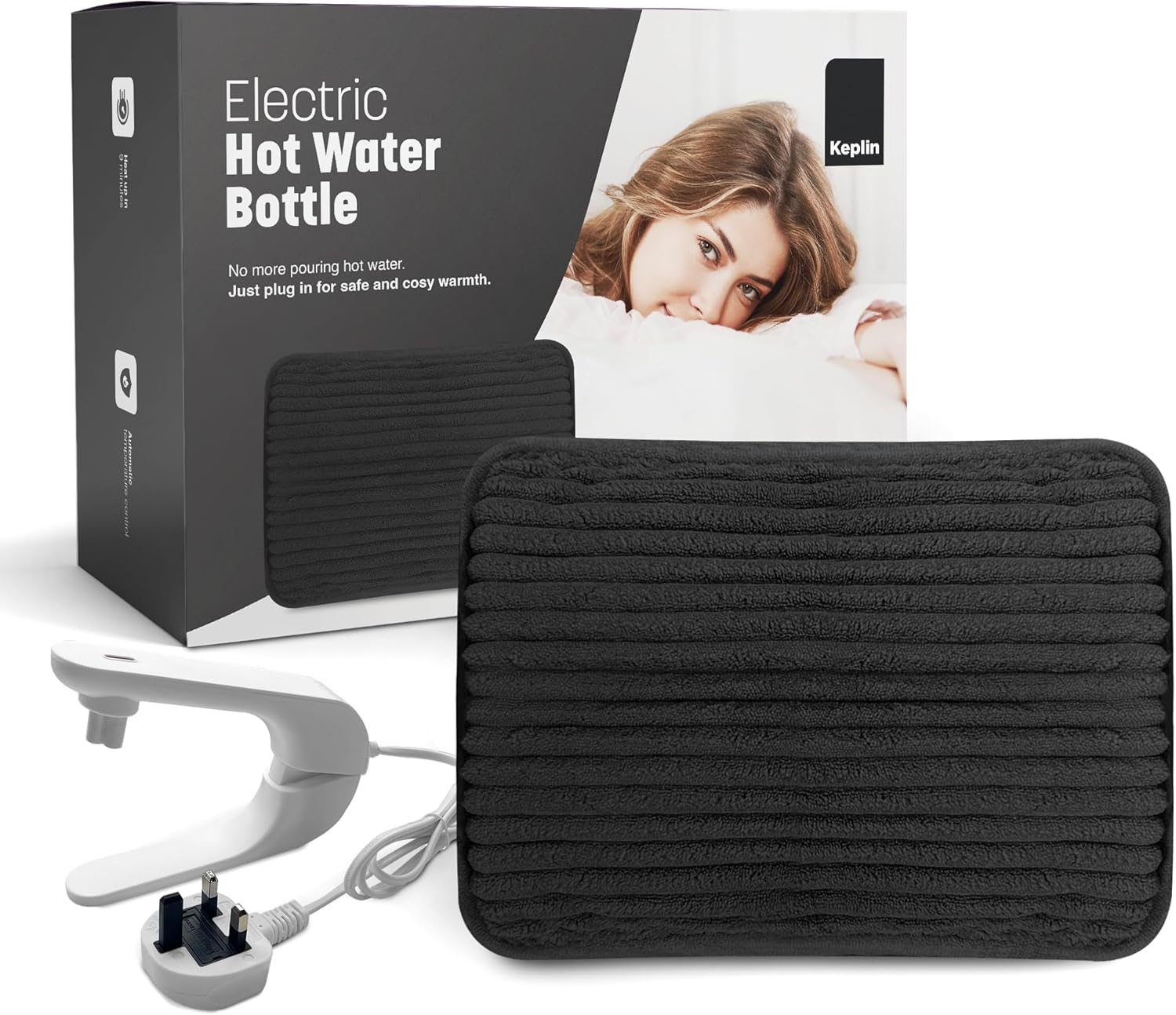 KEPLIN Rechargeable Electric Hot Water Bottle Soft & Cosy Bed, Hand & Body Warmer - Fast Heating, Auto-Shut Off Function, Over-Heat Protection & No Refill Heat Pad (Black)