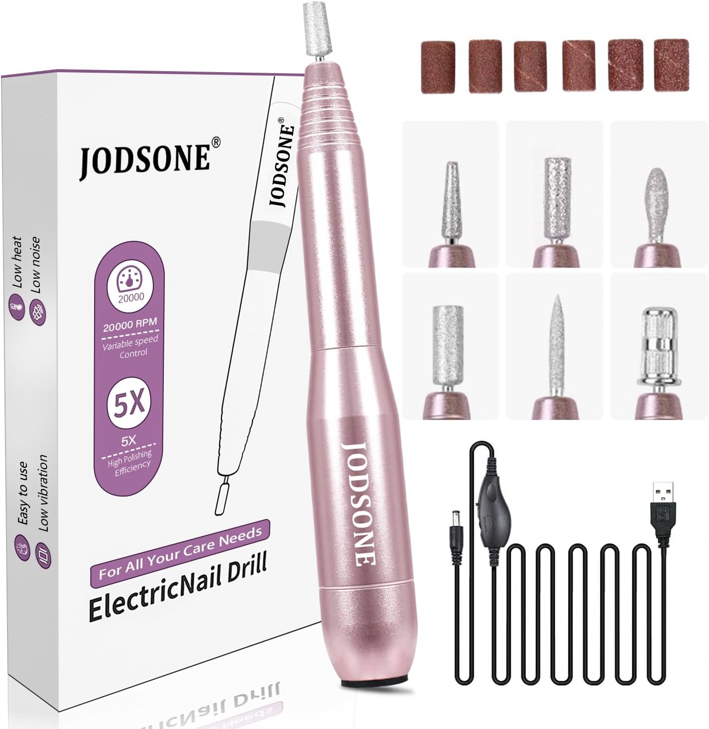 JODSONE Electric Nail Files 20000RPM for Beginners, Professional Nail Drill 6 in 1 for Acrylic/Gel, Manicure and Pedicure Tools for Nail Art DIY, Home or Salon Use
