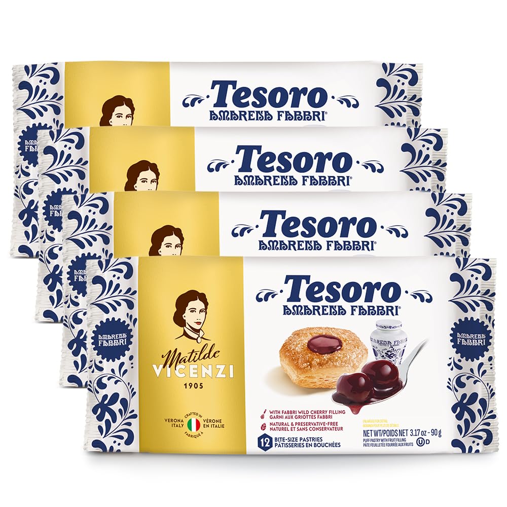 Tesoro Fabbri Wild Cherry Filling by Pasticceria Matilde Vicenzi, Cherry Cream Filled Puff Pastry Patisserie, Kosher Dairy, Made in Italy, 3.17oz (90g), 4-Pack