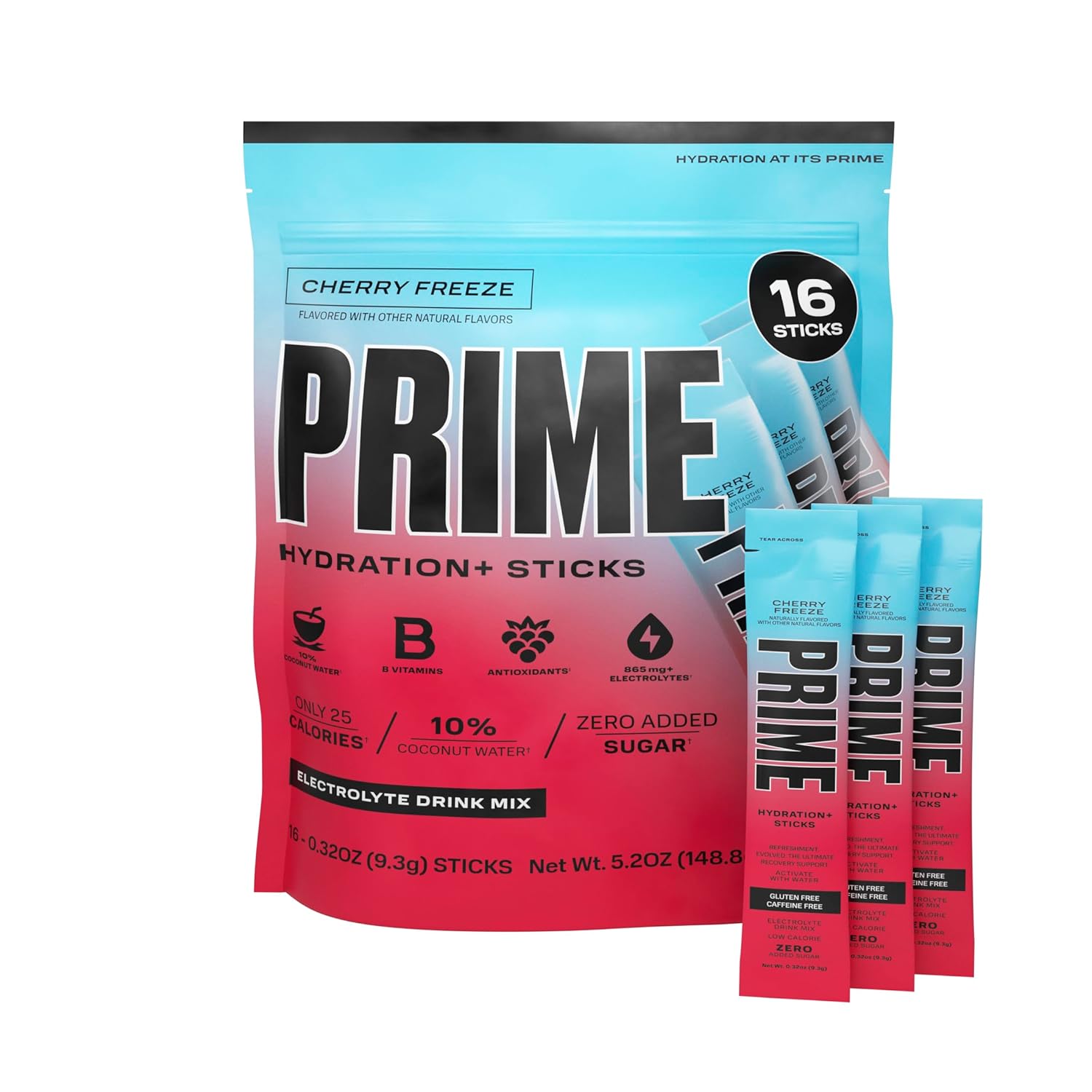 PRIME HYDRATION+ Sticks Cherry Freeze | Hydration Powder Single Serve Sticks | Electrolyte Powder On The Go | Low Sugar | Caffeine-Free | Vegan | 16 Sticks