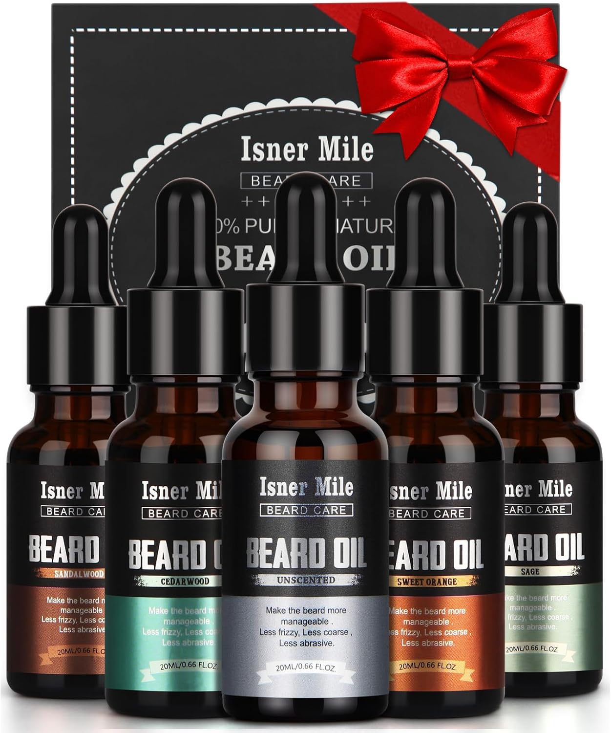 ISNER MILE Beard Oil 5 Pack Set, Natural, Cedarwood, Sandalwood, Sage, Sweet Orange for Men Beard Care, Moisturize, Soften, Strengthen, Christmas Gifts for Men Him Dad Father Boyfriend