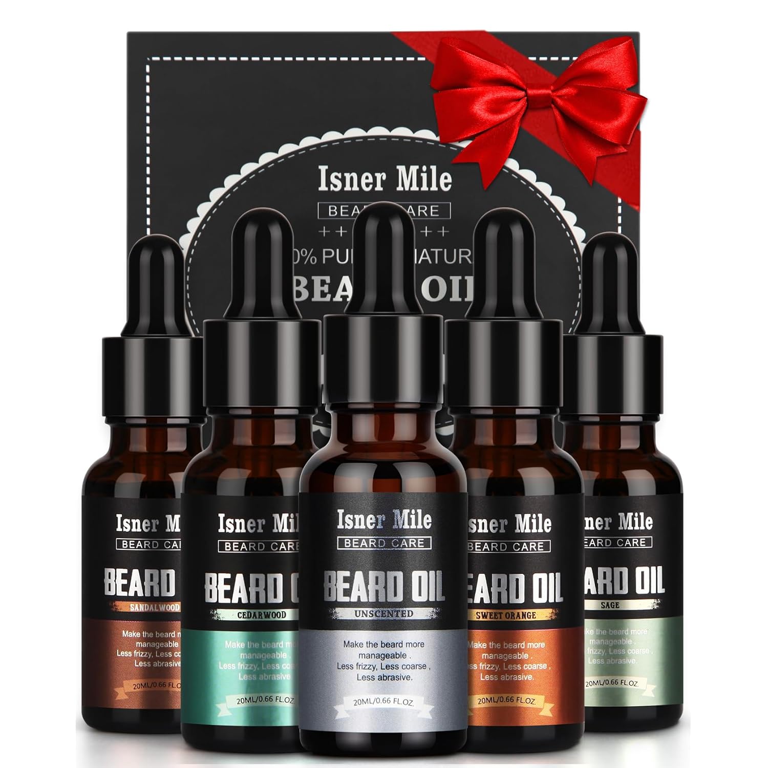 ISNER MILE 5 Pack Beard Oil Set Leave in Conditioner, Cedarwood Sandalwood Sage Sweet Orange, Mustaches Soften Moisturizing, Valentines Gifts for Him Husband, Fathers Gifts for Dad Men Boyfriend