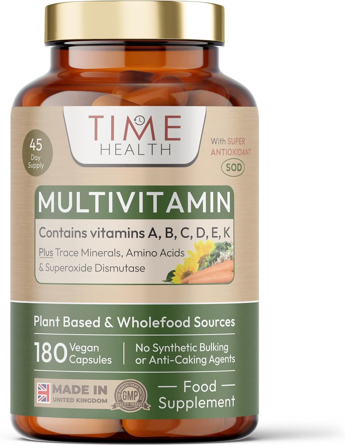 Whole Food Plant-Derived Multi Vitamin 100%+ Daily with TetraSOD® Super Antioxidant - Natural, Non-Synthetic Vitamins - Highly Bioavailable - Zero Additives - UK Manufactured (180 Capsule Pouch)