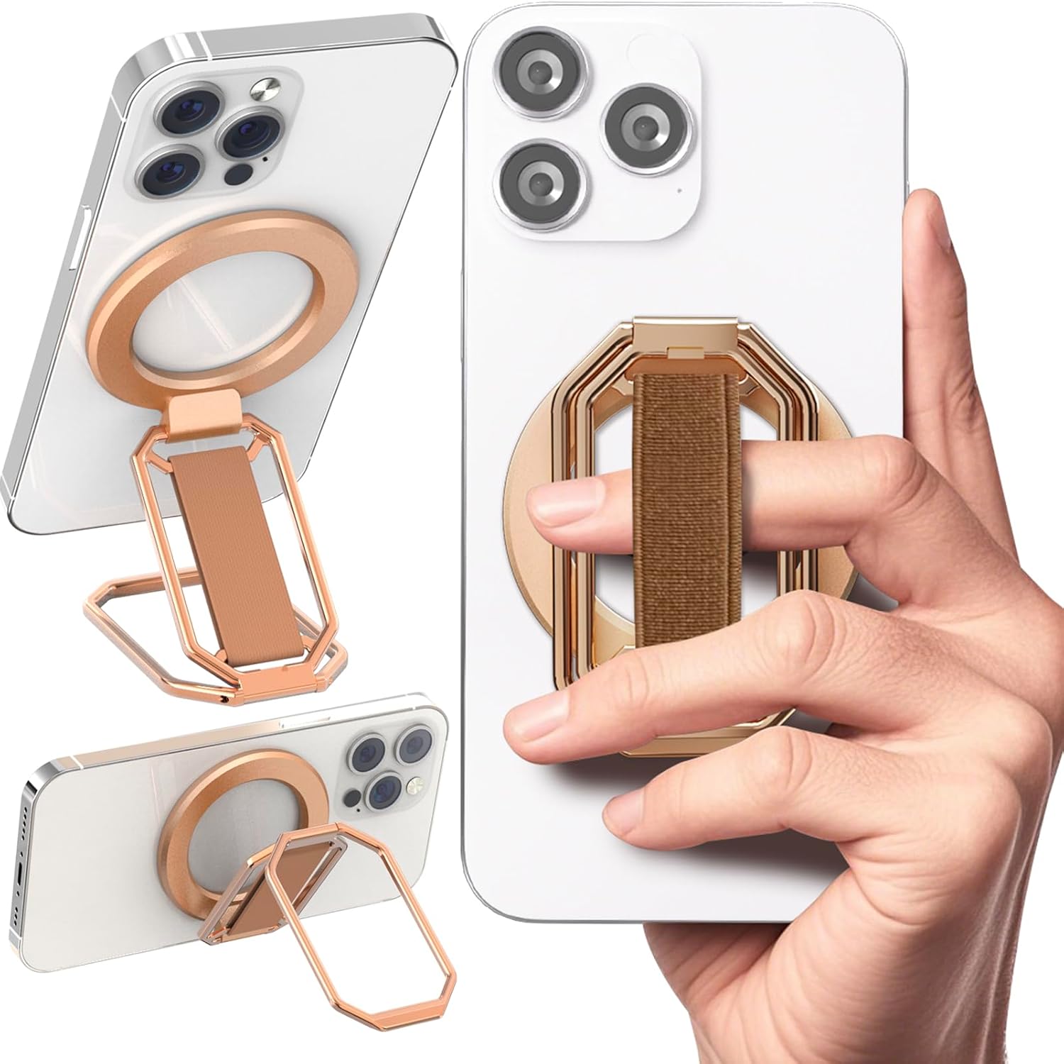 4-in-1 Magnetic Phone Grip Holder for MagSafe with Finger Strap Loop, Removable Phone Ring Holder for iPhone 16 Pro Max 15 14 13 12, Kickstand for Hands-Free Viewing at Home Work Plane - Rose Gold