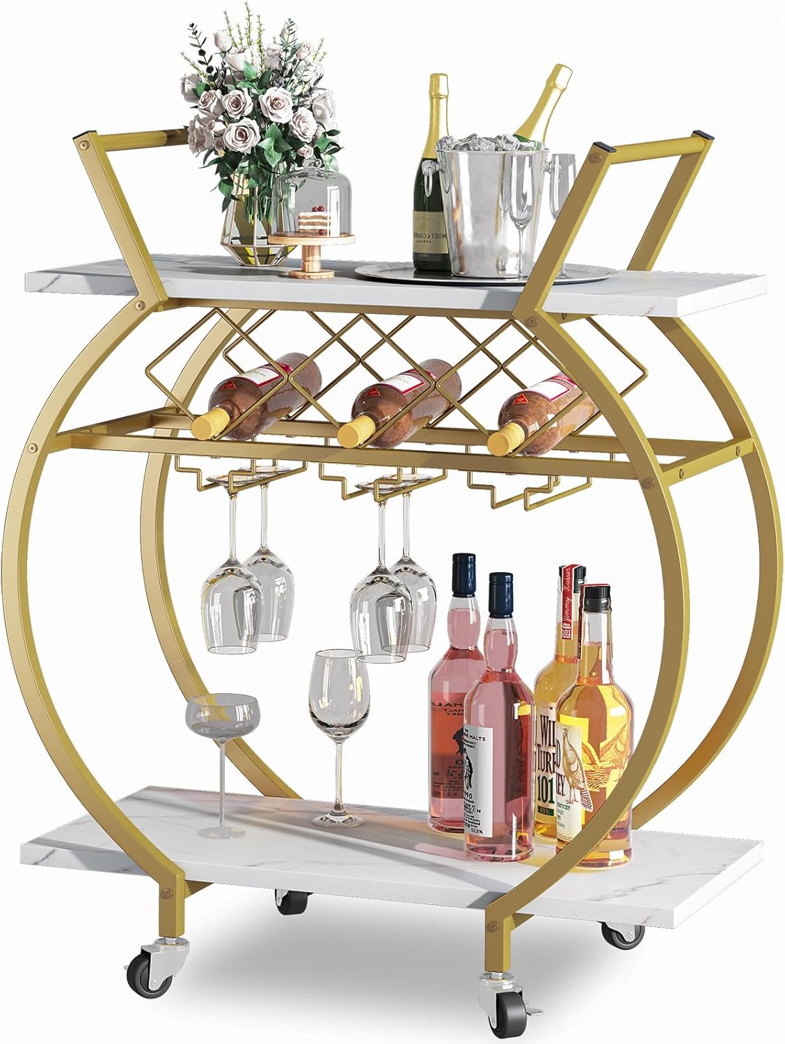 Gold Bar Carts 2 Tiers Rolling Home Serving Cart with Wine Rack and Wheels,Modern Metal Round Wine Cart,Industrial Mobile Storage Kitchen Trolley for Kitchen, Bar, Living Room