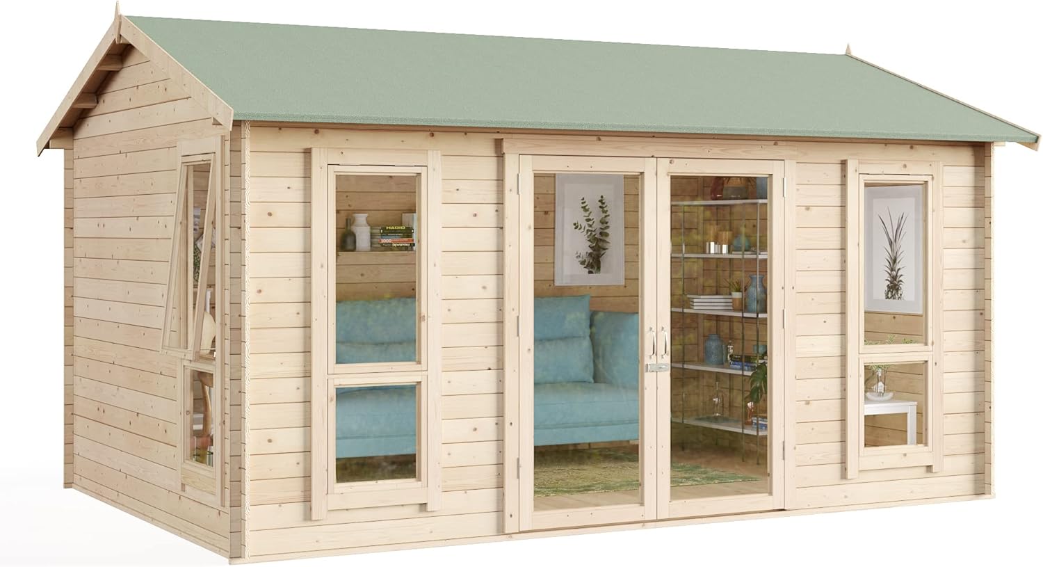 BillyOh Darcy 14x10 Log Cabin Summer House Shed with 19mm Wall Logs Thickness, Modern Apex Roof, Wood & Shatterproof Windows – Garden Room, Gym, Outdoor Office, Studio, or Garden House