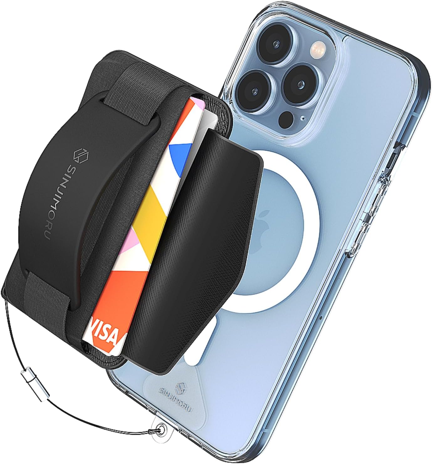 Sinjimoru for 3 in 1 MagSafe Wallet 2600g Magnetic Strength Phone Grip with Stretchy Fabric Secure Flap Anti-Drop Tag Holder for iPhone 16 15 14 13 12 M-BGRIP Black