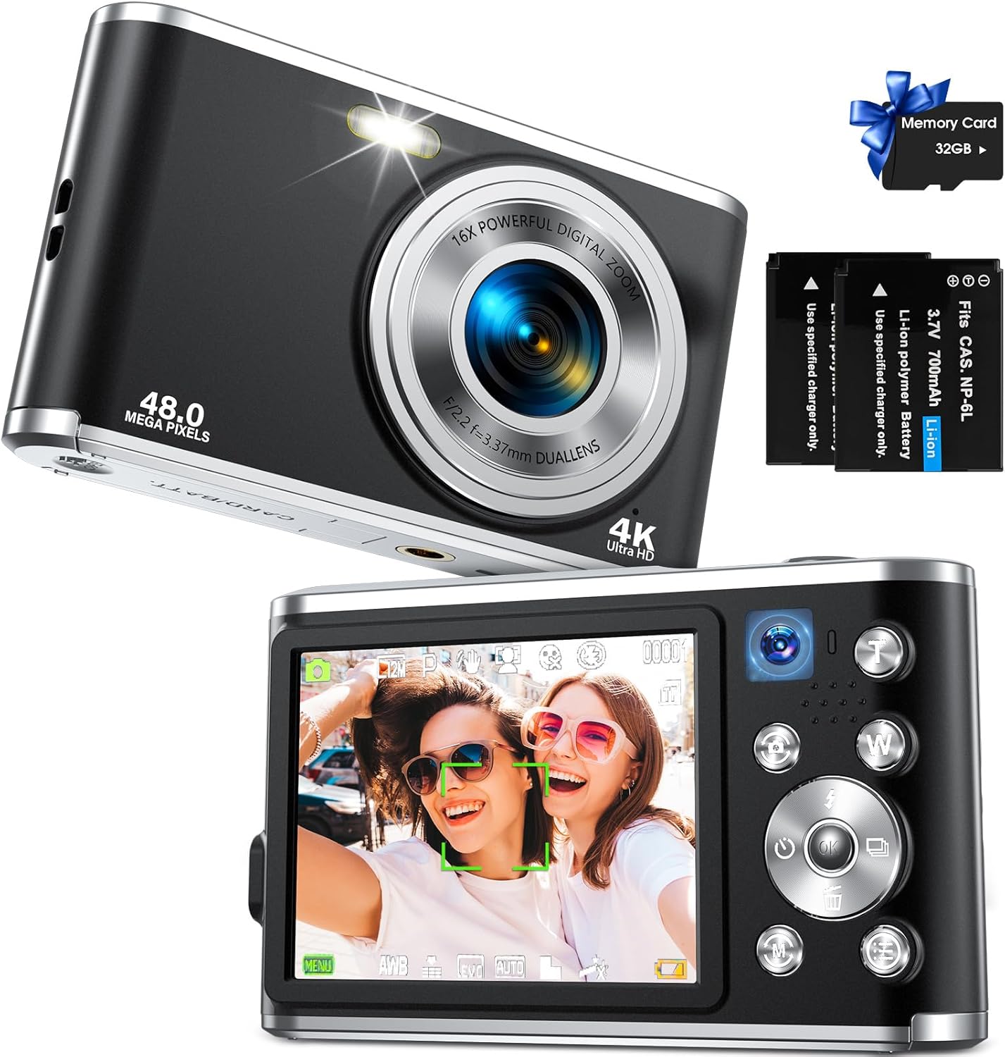 Digital Camera FHD 4K Vlogging Camera with Autofocus Dual Lens 48MP 16X Digital Zoom 2.8" IPS Screen Compact Travel Video Camera for Teens Adult Beginner,32GB Card,2 Batteries,Black