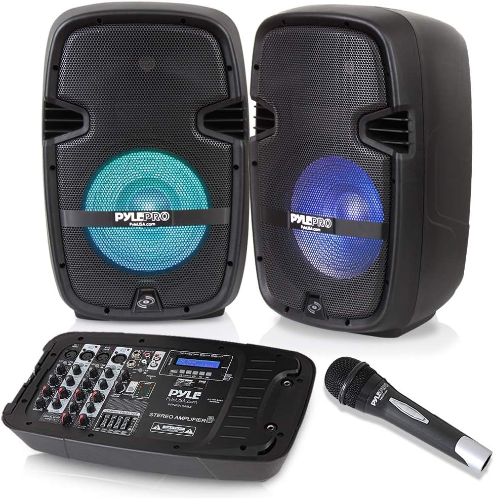 Pyle PA Speaker DJ Mixer Bundle - Portable Wireless Bluetooth Sound System w/ USB SD XLR 1/4" RCA Inputs, LED Lights - Dual Speaker, Mixer, Microphone, Stand, Cable - Home/Outdoor PPHP210AMX,Black