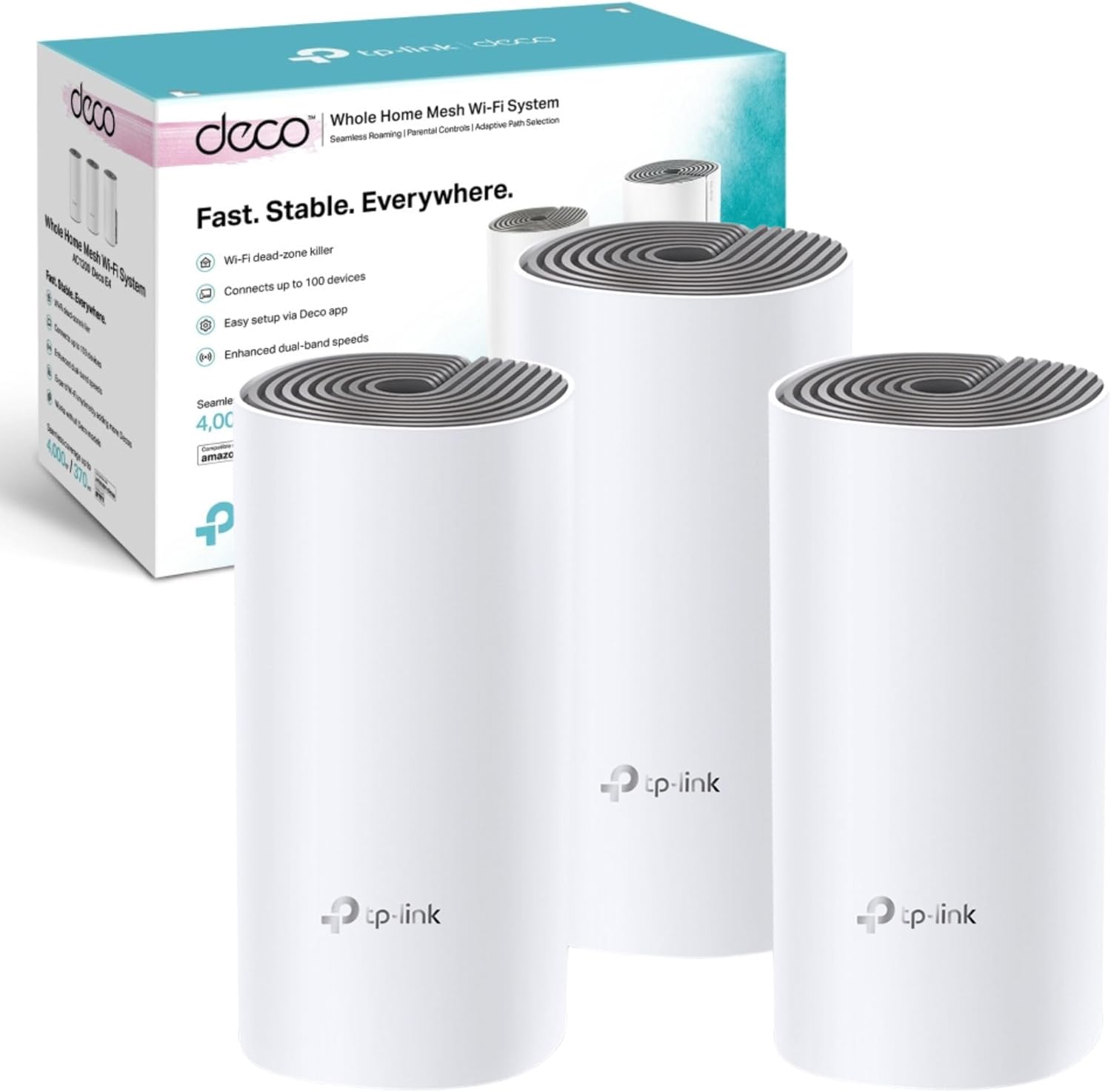 TP-Link Deco E4(3-pack) Whole Home Mesh WiFi System, Seamless Roaming Speed AC1200Mbps for Large Home, Up to 4,000 sq ft Coverage, Work with Amazon Echo/Alexa, Router and WiFi Booster Replacement