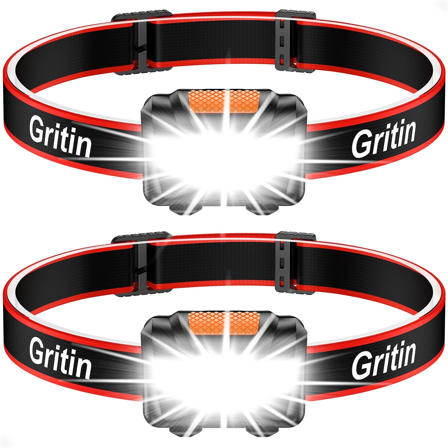 Gritin LED Head Torch, [2 Pack] COB Headlamp Super Bright Headlight, Adjustable with 3 Modes, Lightweight for Running, Camping, Fishing