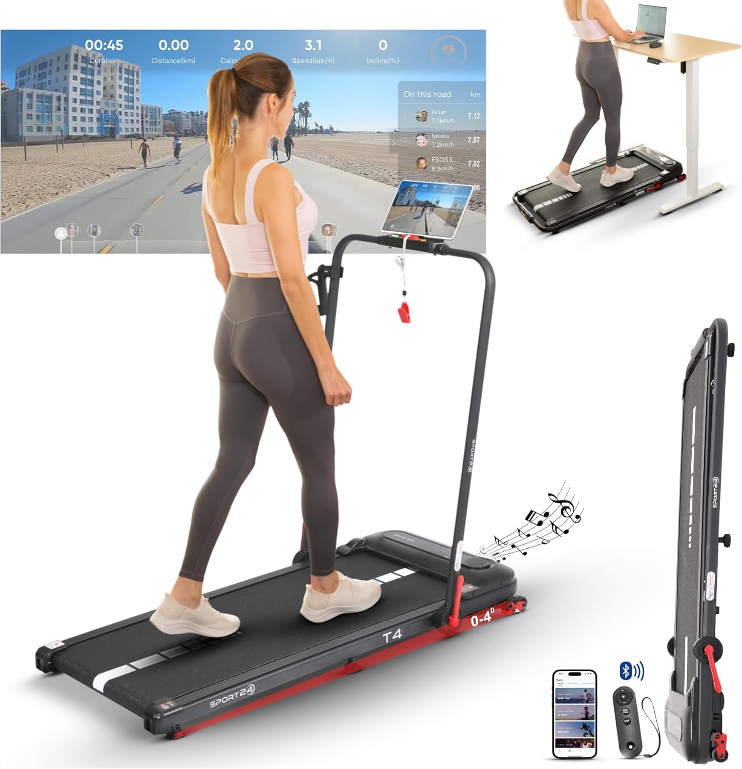 Sport24 Walking Pad Treadmill, Foldable with Incline 120kg Capacity, Bottle Holder, App, Speaker, Under Desk Running Machine for Home with Handle LED Display 1-12km/h, Low Noise 2.5HP Remote Control