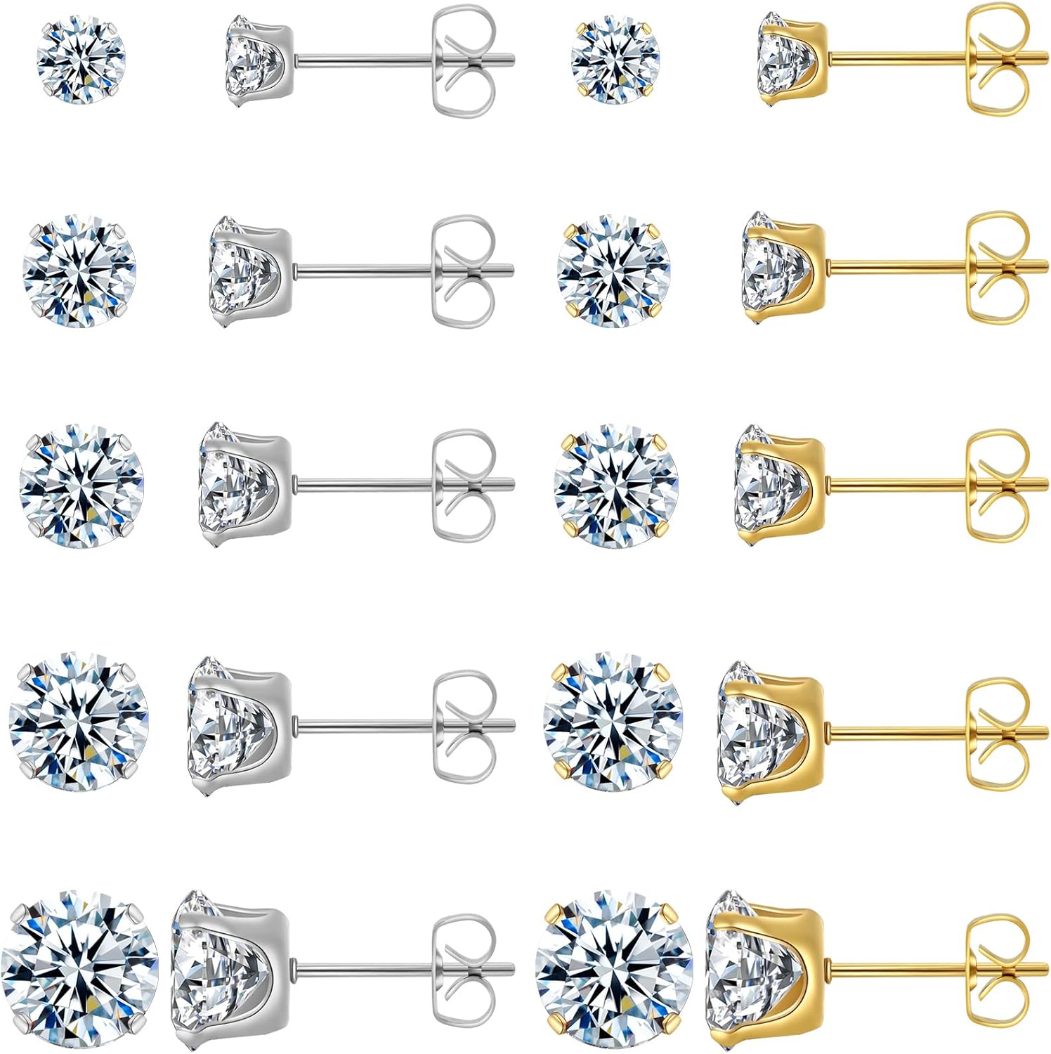 10 Pairs Surgical Steel Stud Earrings Set,14K Gold Plated Hypoallergenic Earrings Studs Set for Women, Stainless Steel Cubic Zirconia Waterproof Non Tarnish