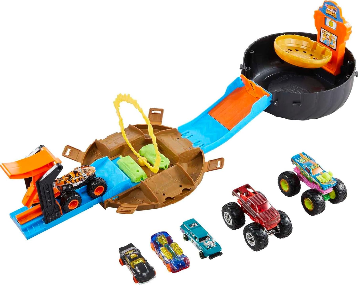 Hot Wheels Toy Monster Trucks Playset, Tire-Shaped Case Transforms into Race Course, 3 Trucks & 4 Cars in 1:64 Scale, Stunt Tire (Amazon Exclusive) (Amazon Exclusive)