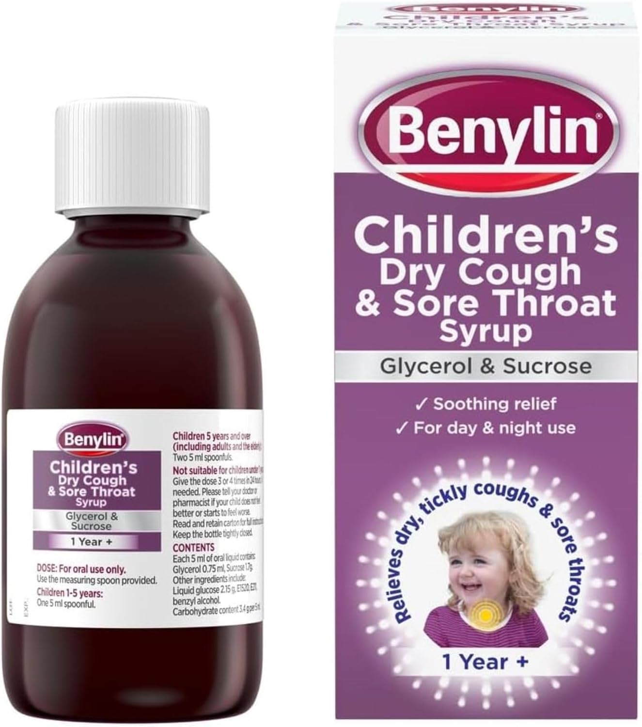 Benylin Children’s Dry Cough and Sore Throat Syrup (1x 125ml), Relieves Sore Throat, Cough Medicine For Children Aged 1 Year +, Suitable for Day and Night Use