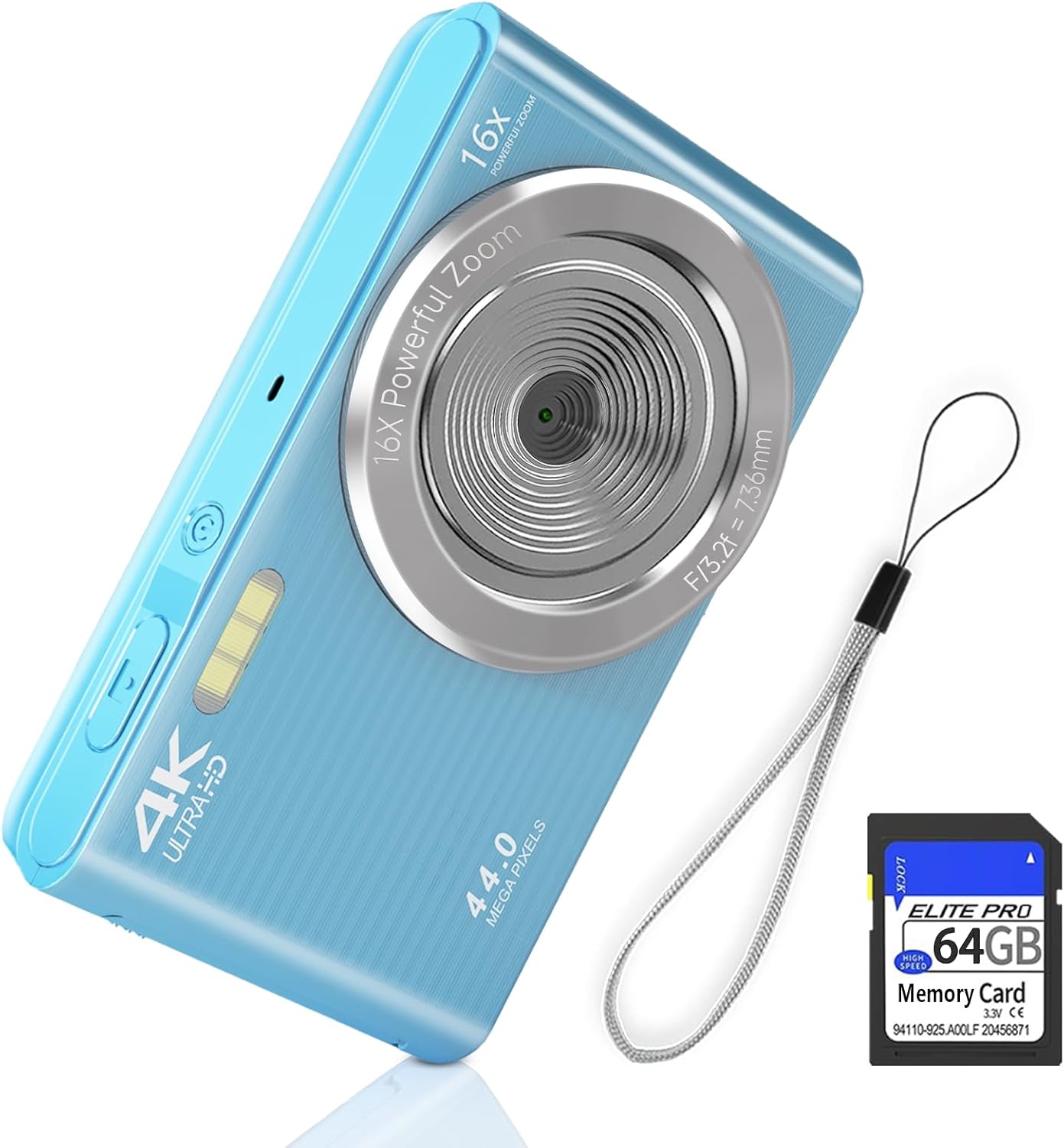 FHD 4K 44MP Digital Camera for Kids Video Camera with 64GB SD Card 16X Digital Zoom, Compact Point and Shoot Camera Portable for Kids 4K YouTube Camera (Blue)